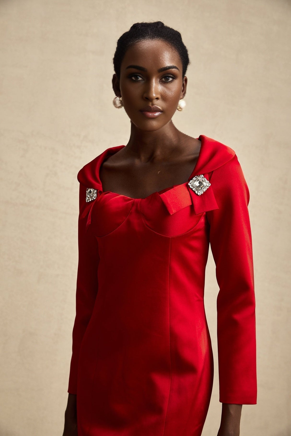 Céline Mini Dress - Corset Style - Lapels - Long Sleeves - Crystal Embellishment