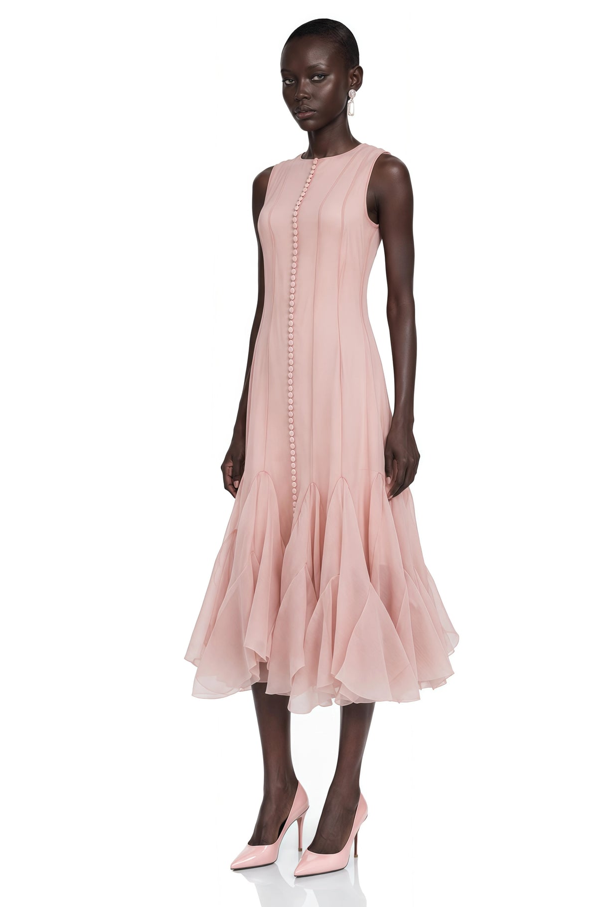 Cevher Pink Asymmetrical Midi Dress with Buttons