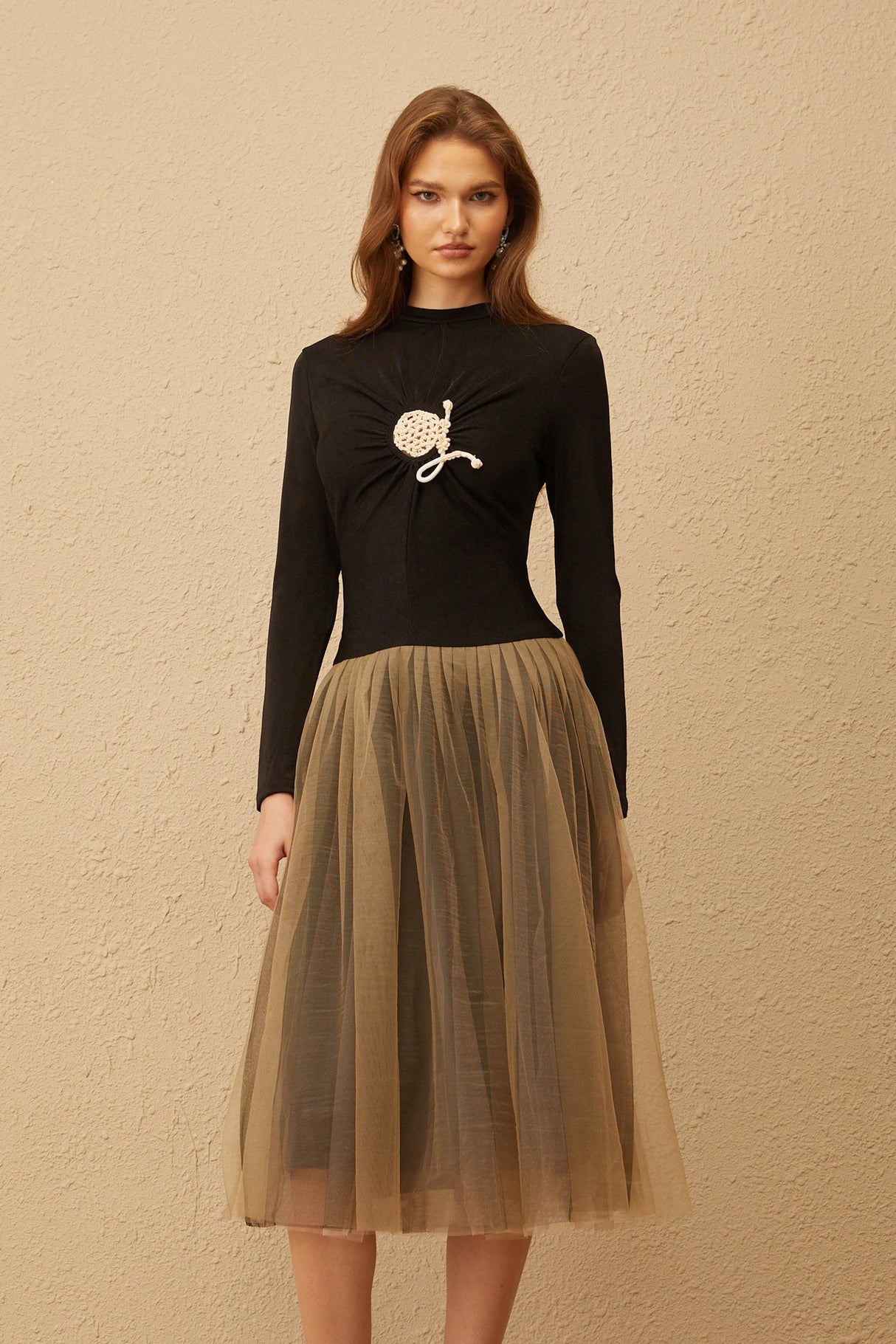 Cézanne Black Crochet Detail Tulle Panel Midi Dress