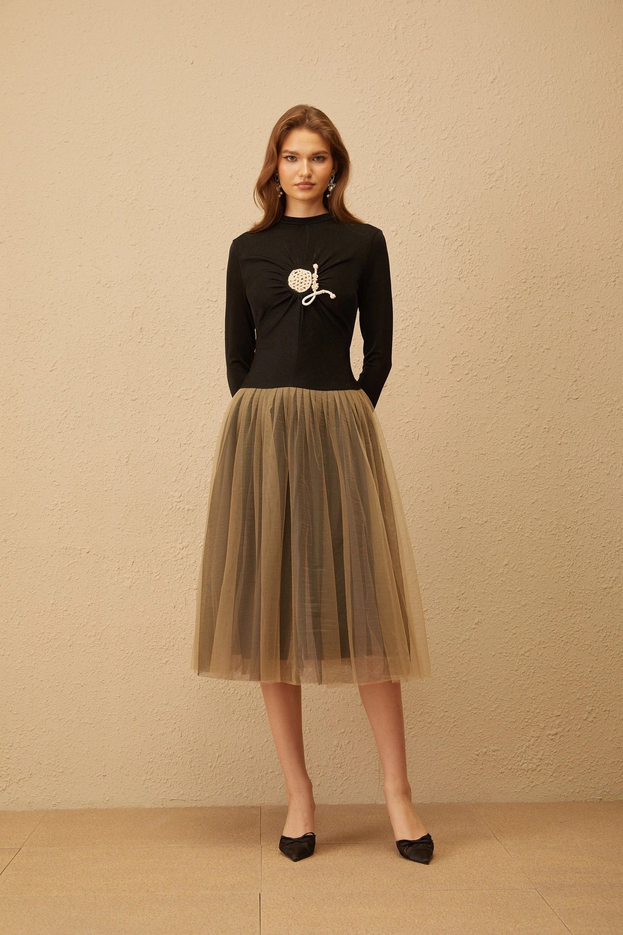 Cézanne Black Crochet Detail Tulle Panel Midi Dress