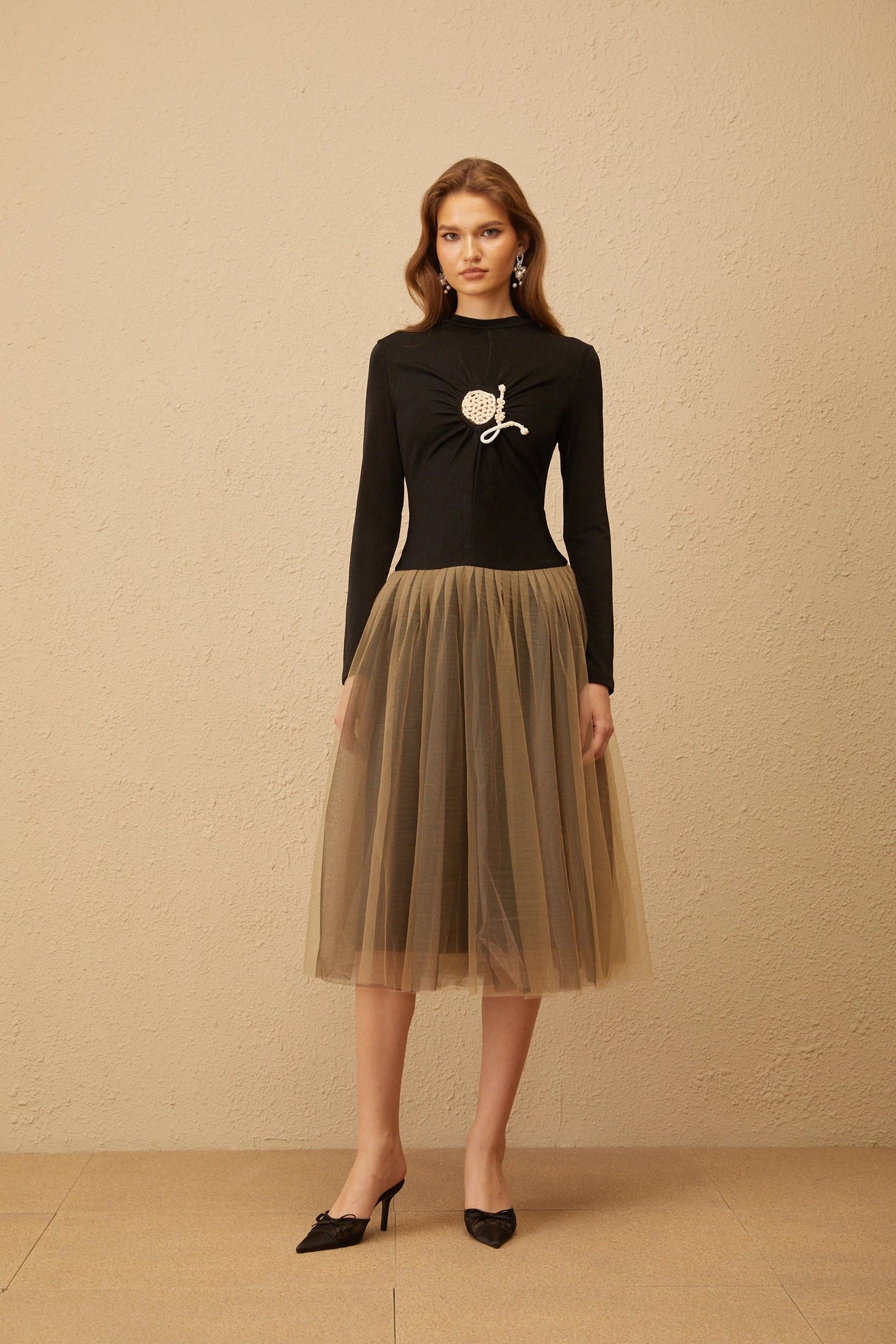 Cézanne Black Crochet Detail Tulle Panel Midi Dress
