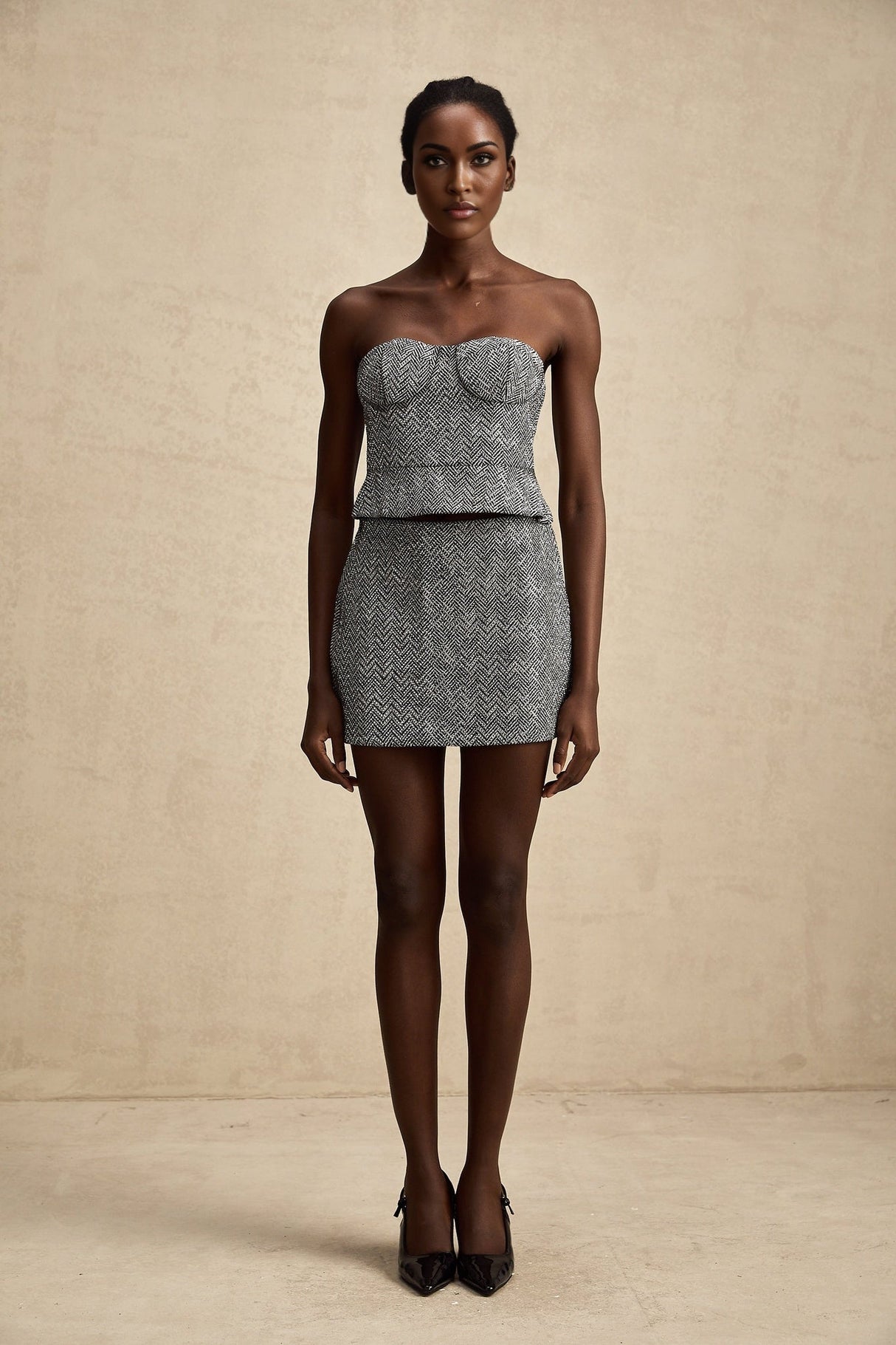 Chantal Crop Top – Cropped Corset - Inspired Fit – Grey Herringbone Pattern – Subtle Metal Studs – Rear Zip Closure – Tailored Silhouette