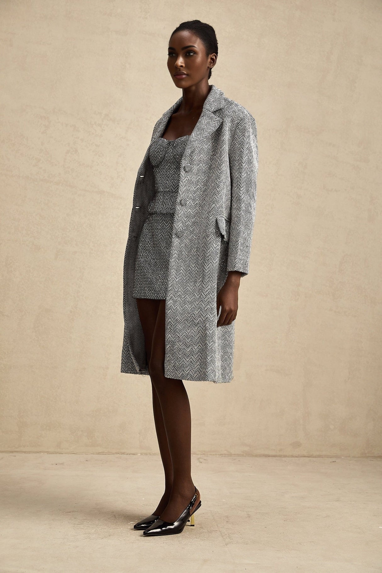 Chantal Herringbone Coat - Lapel Collar - Stud Detail - Button Front - Long Sleeves
