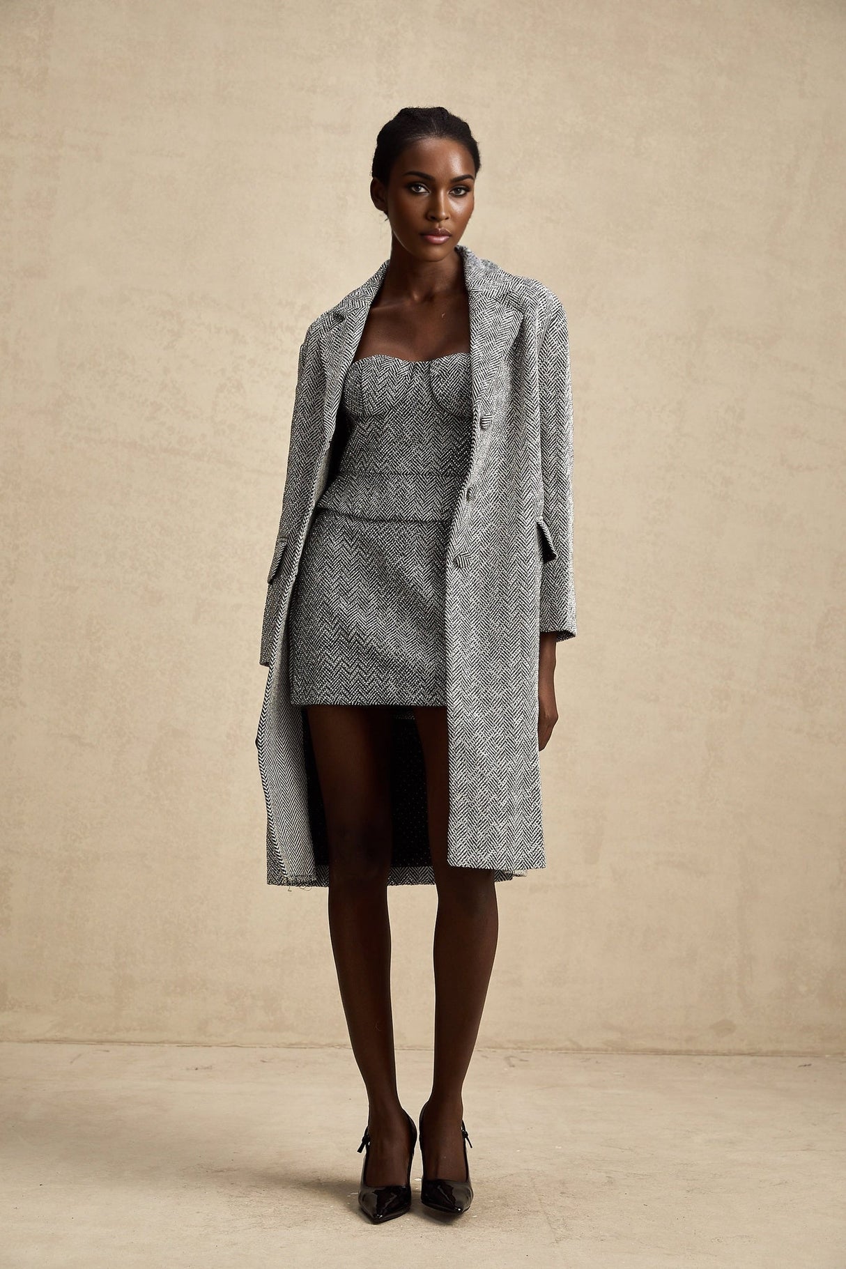 Chantal Herringbone Coat - Lapel Collar - Stud Detail - Button Front - Long Sleeves