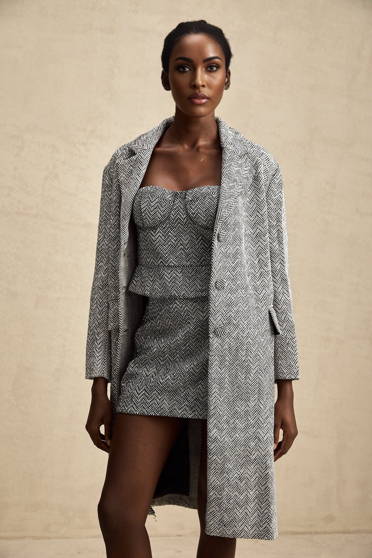 Chantal Herringbone Coat - Lapel Collar - Stud Detail - Button Front - Long Sleeves