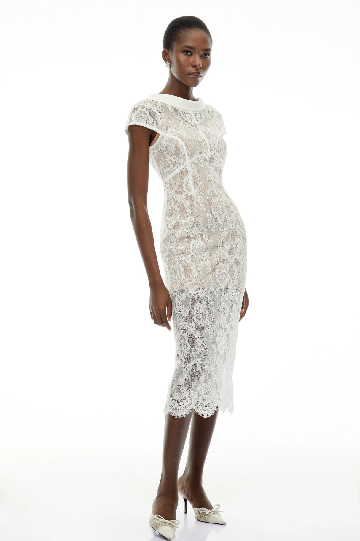 Chantal White Round Neck Floral Lace Midi Dress