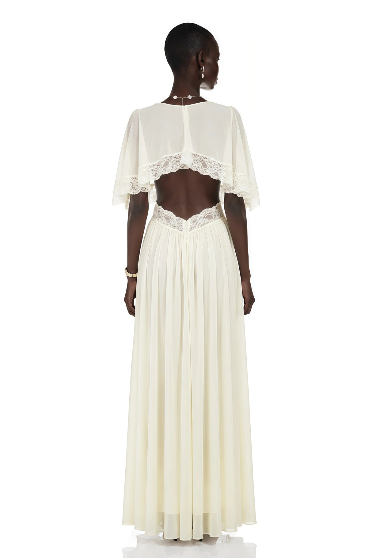 Charissa White Cape Sleeve Maxi Dress with Lace Trim