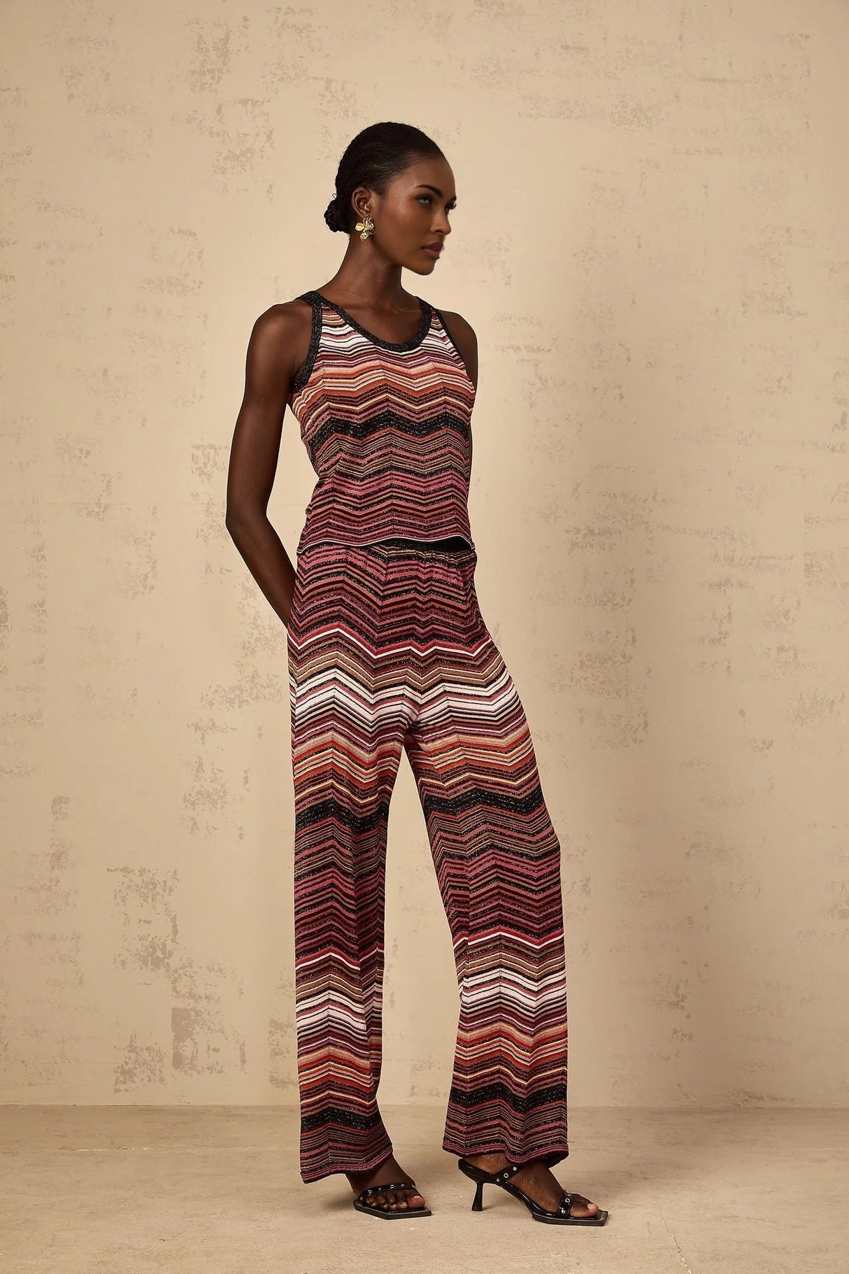 Charlee Top & Trousers Set with Chevron Pattern in Red