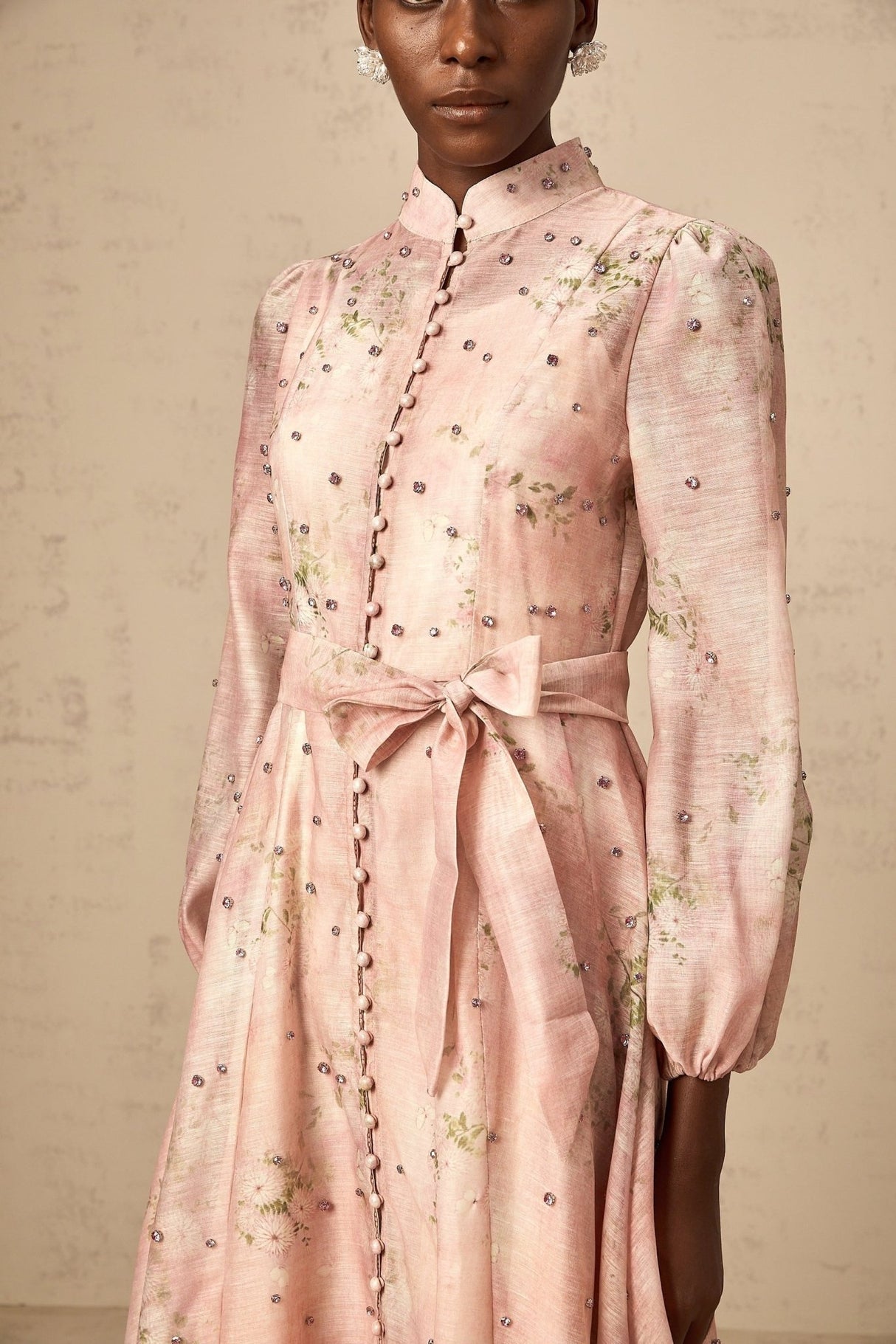Charleigh Floral Midi Dress - Puff Sleeves - Crystal Embellishments - Mock Neck - Tied Waist