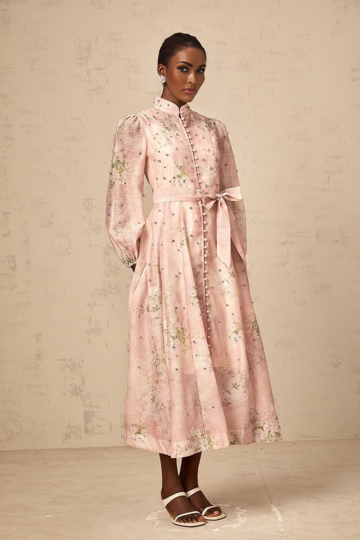 Charleigh Floral Midi Dress - Puff Sleeves - Crystal Embellishments - Mock Neck - Tied Waist