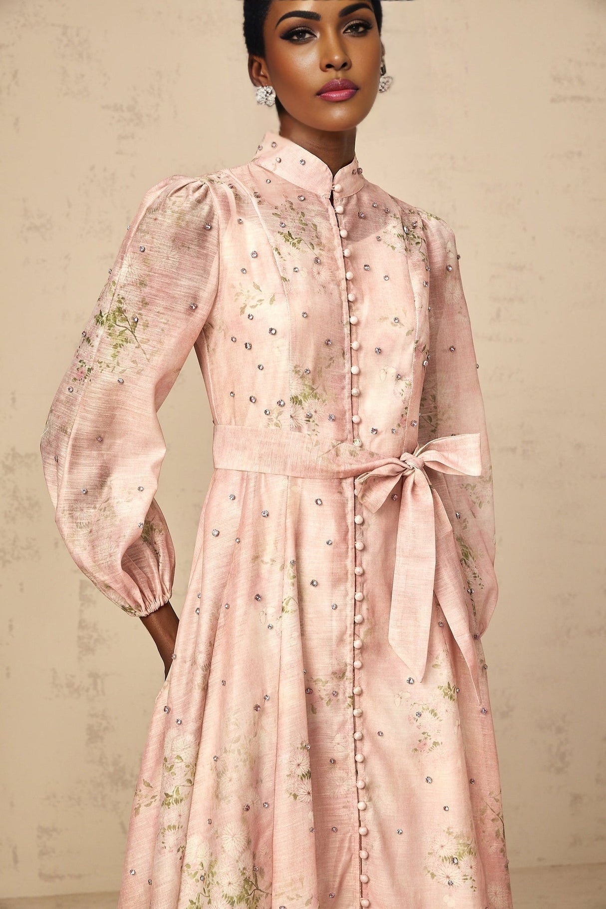 Charleigh Floral Midi Dress - Puff Sleeves - Crystal Embellishments - Mock Neck - Tied Waist