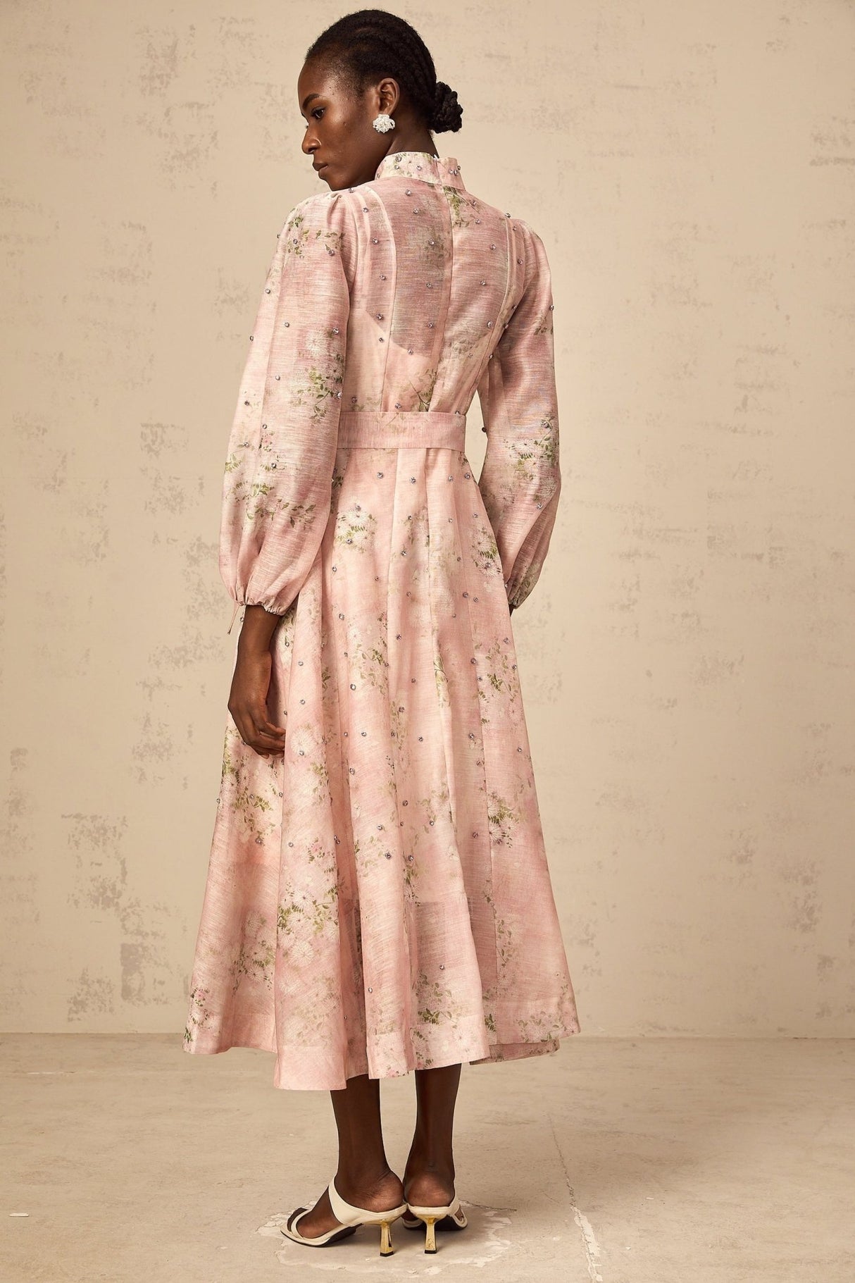 Charleigh Floral Midi Dress - Puff Sleeves - Crystal Embellishments - Mock Neck - Tied Waist