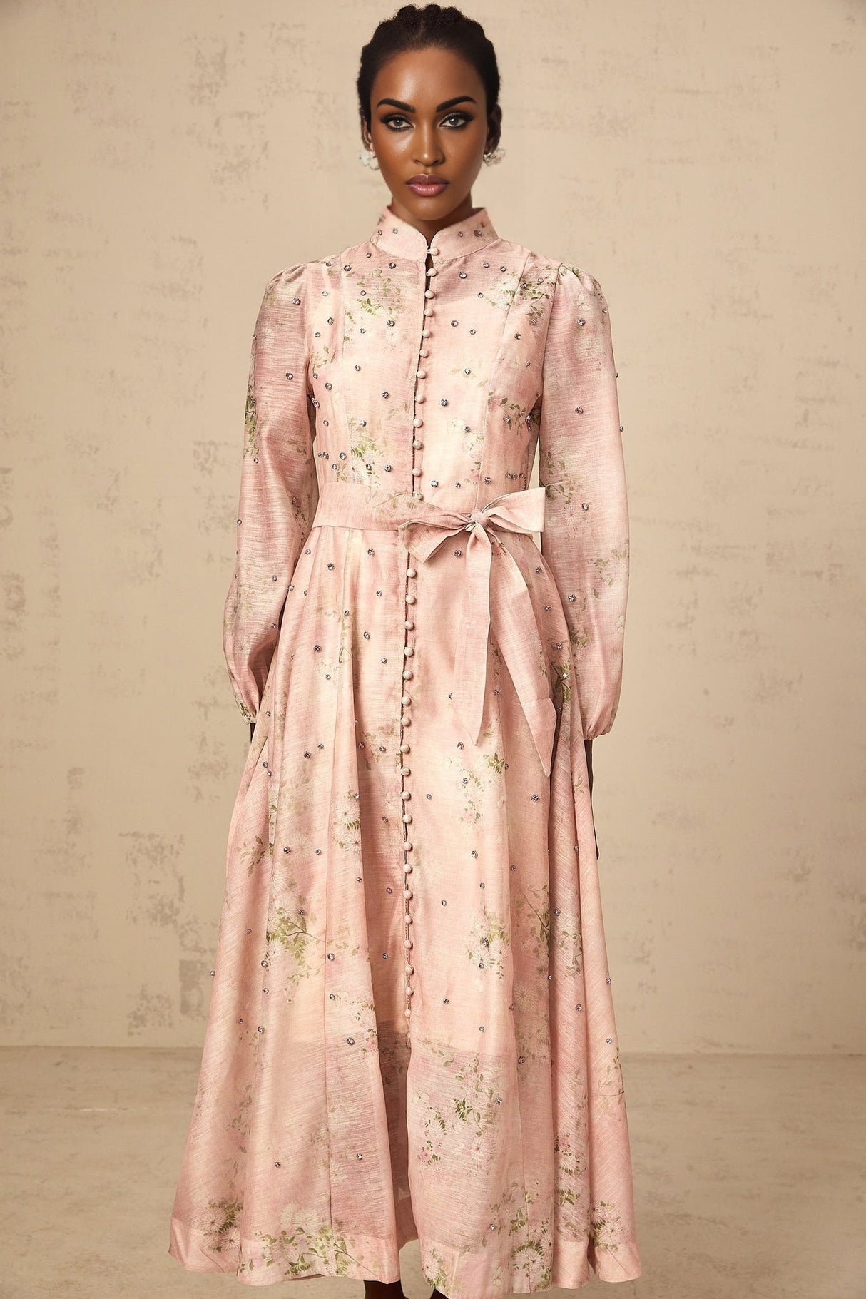 Charleigh Floral Midi Dress - Puff Sleeves - Crystal Embellishments - Mock Neck - Tied Waist