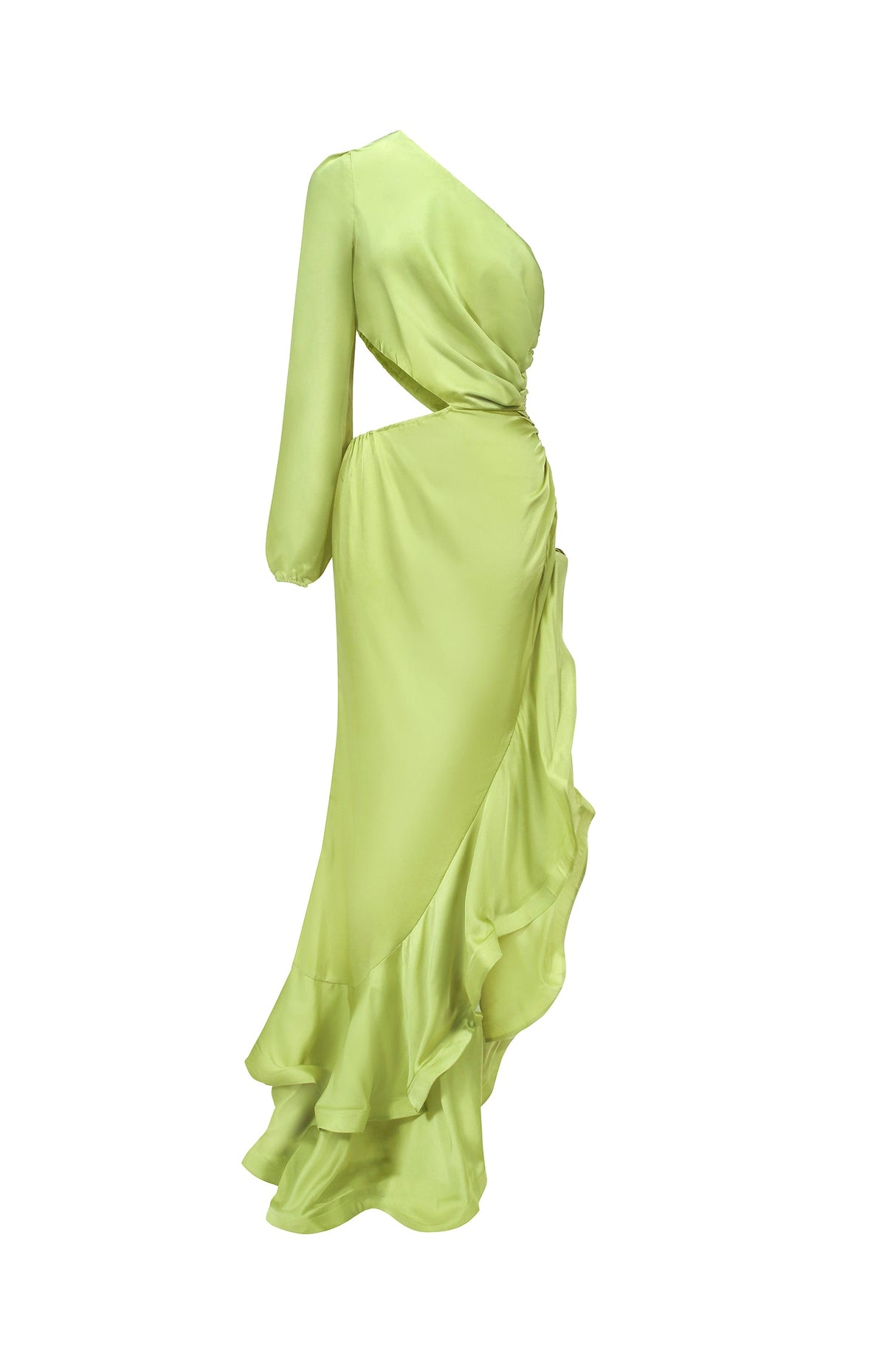 Charleigh Green Satin One-Shoulder Maxi Dress with Ruffled Hemline