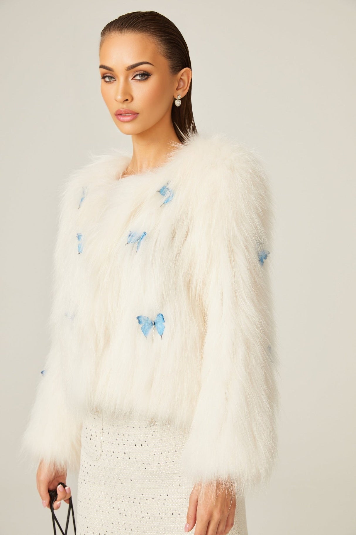 Charleigh Jacket - Long Sleeve - Faux - Fur Detailing - 3D Butterfly Decoration - Cropped Style