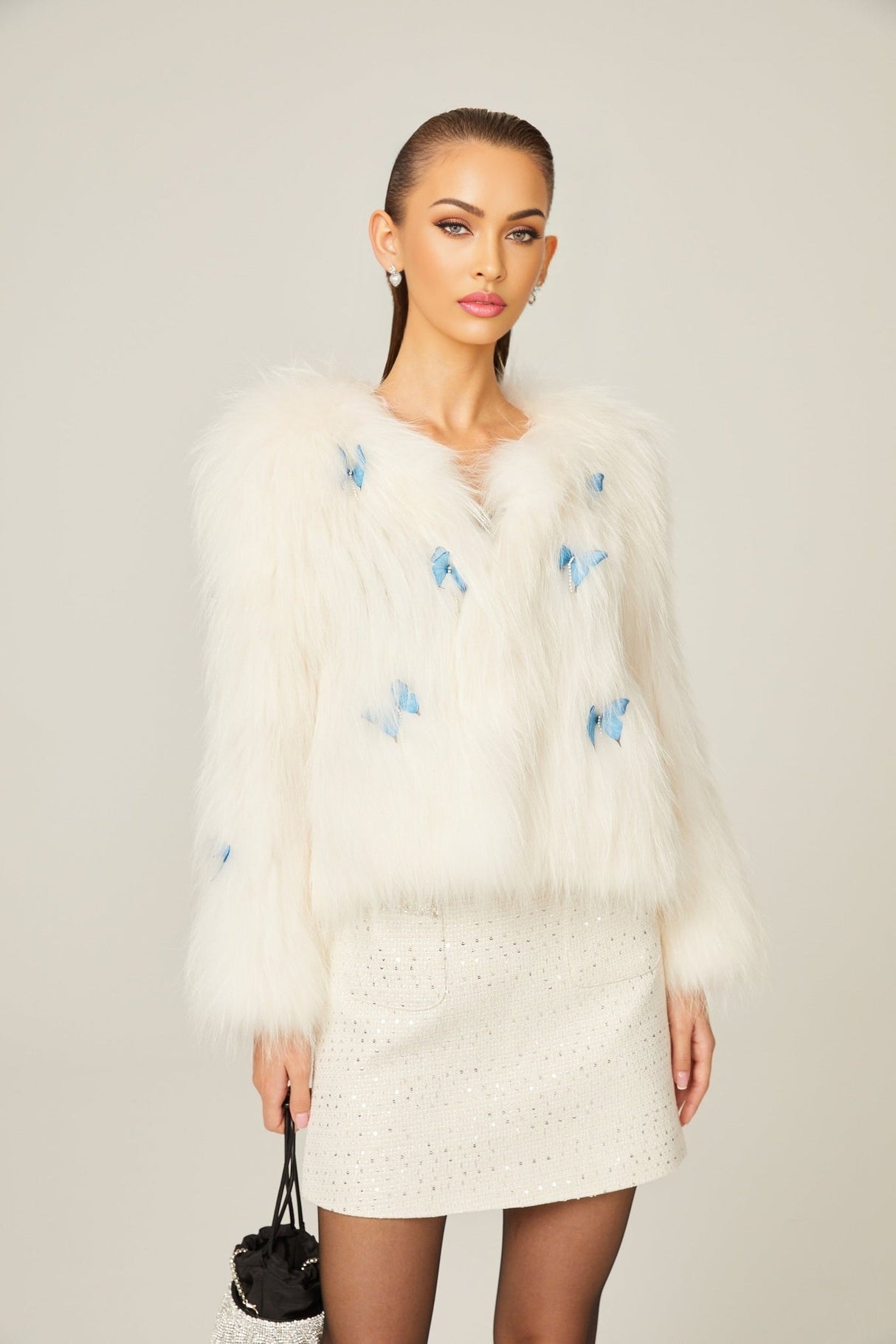 Charleigh Jacket - Long Sleeve - Faux - Fur Detailing - 3D Butterfly Decoration - Cropped Style
