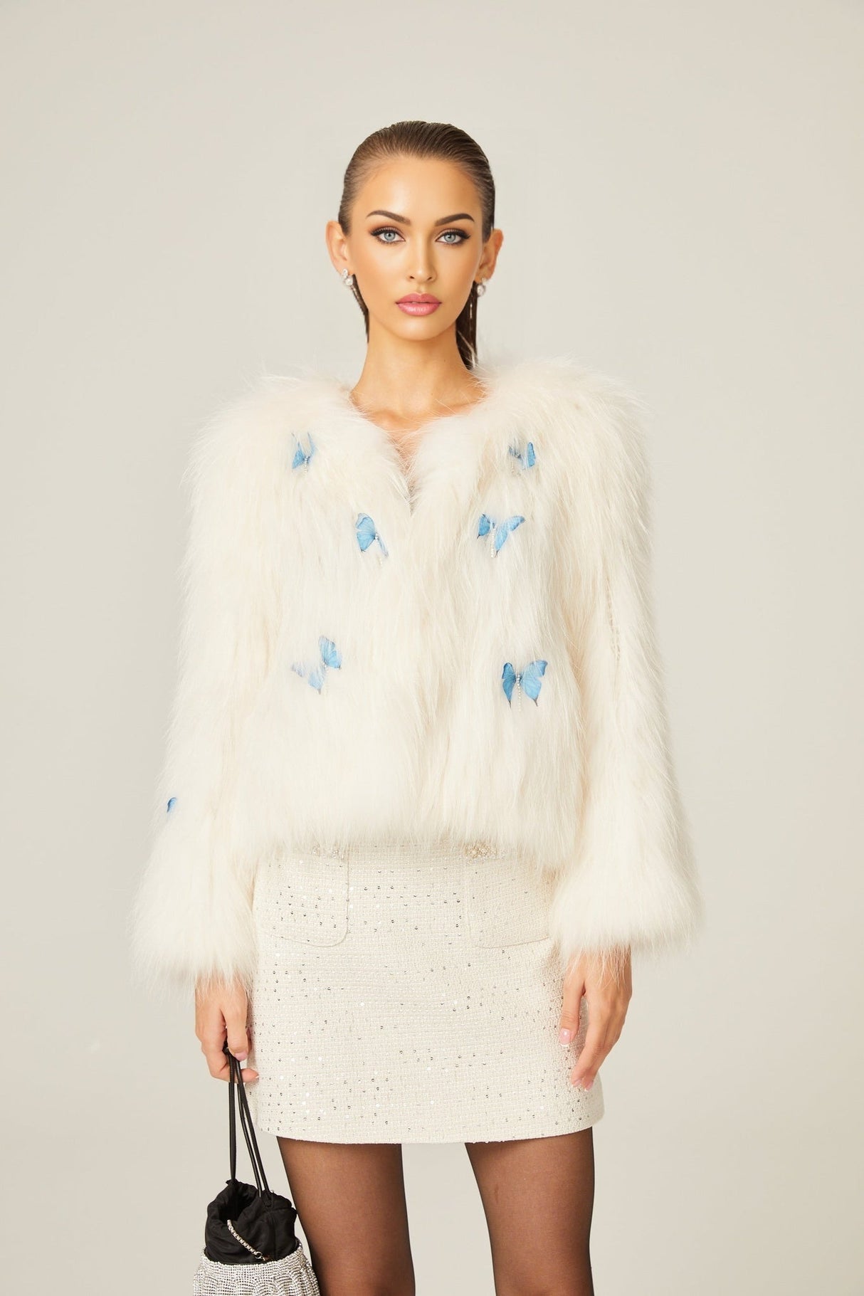 Charleigh Jacket - Long Sleeve - Faux - Fur Detailing - 3D Butterfly Decoration - Cropped Style