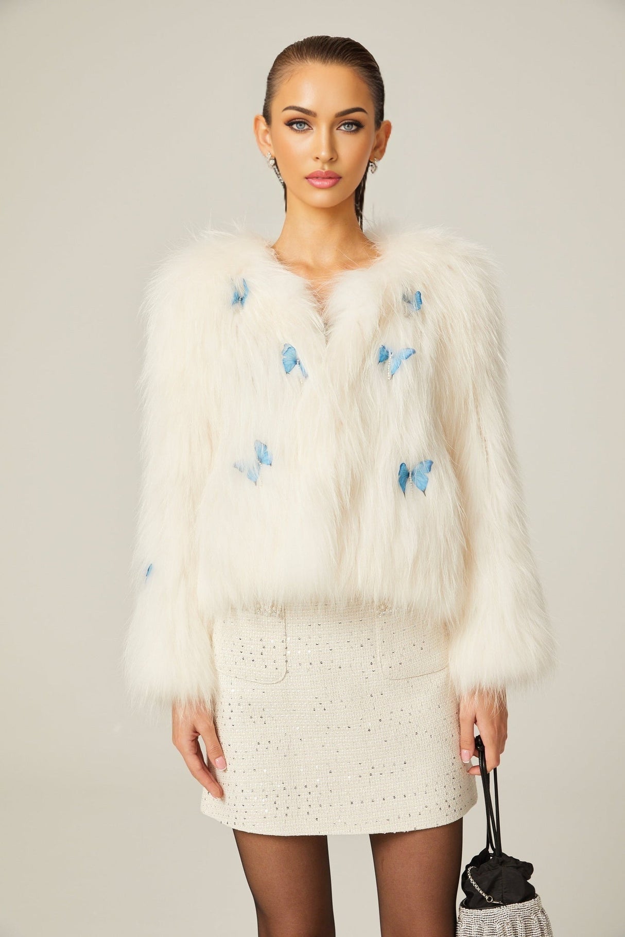 Charleigh Jacket - Long Sleeve - Faux - Fur Detailing - 3D Butterfly Decoration - Cropped Style