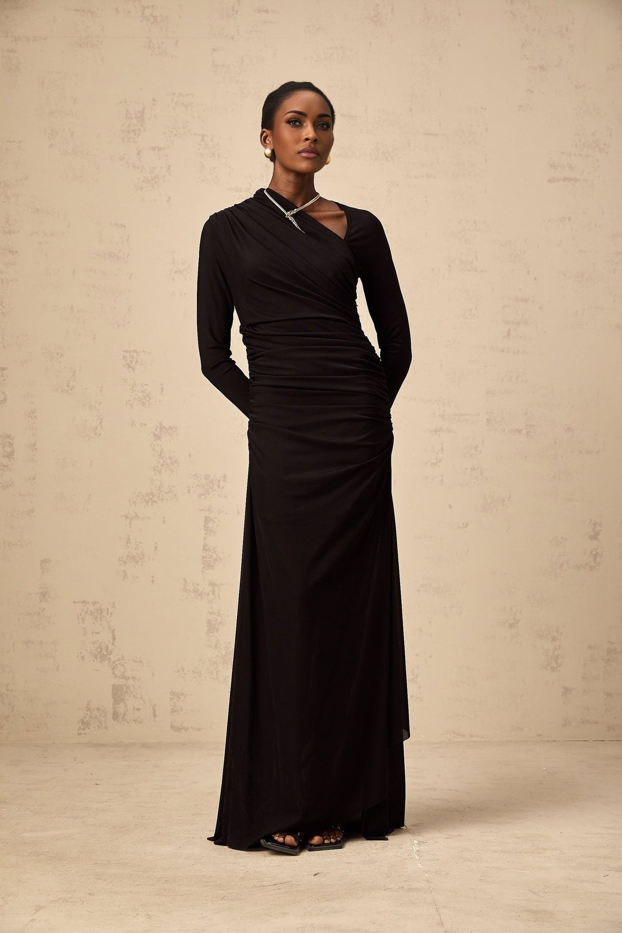 Charleigh Maxi Dress - Long Sleeves - Ruched Detailing - Asymmetric Hem - Cut - Out Design