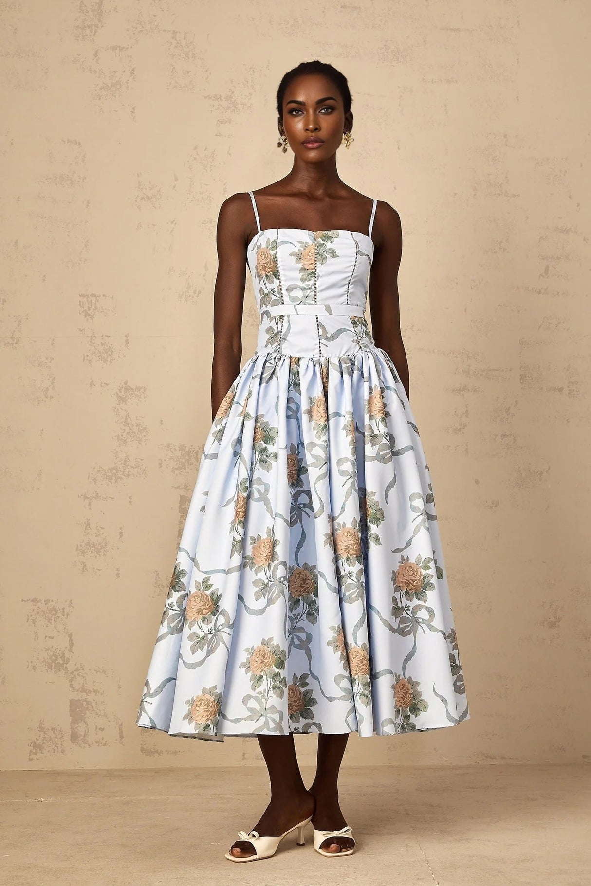 Charleigh Midi Dress Blue Floral Print Square Neck Sleeveless Slit