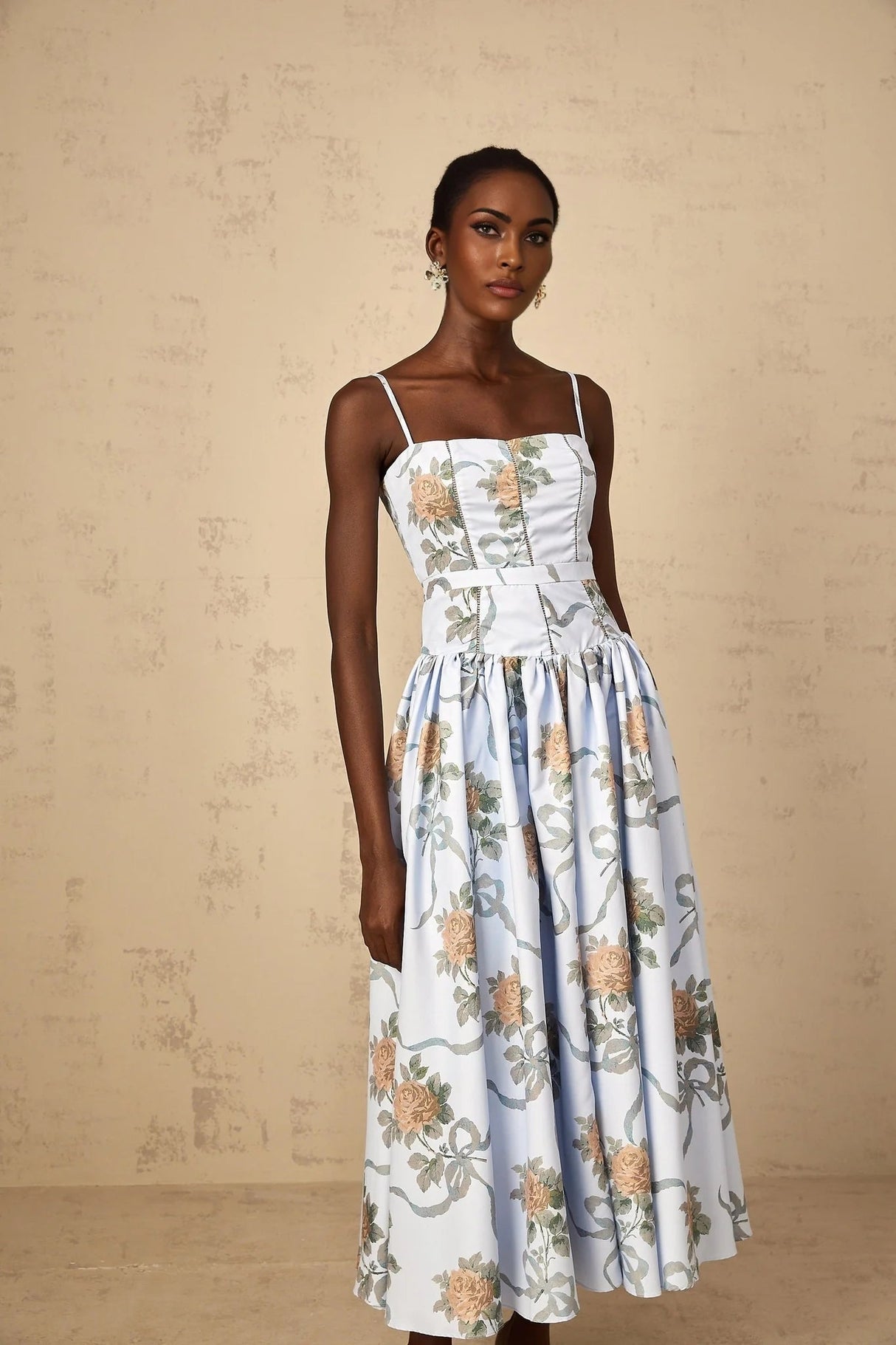 Charleigh Midi Dress Blue Floral Print Square Neck Sleeveless Slit