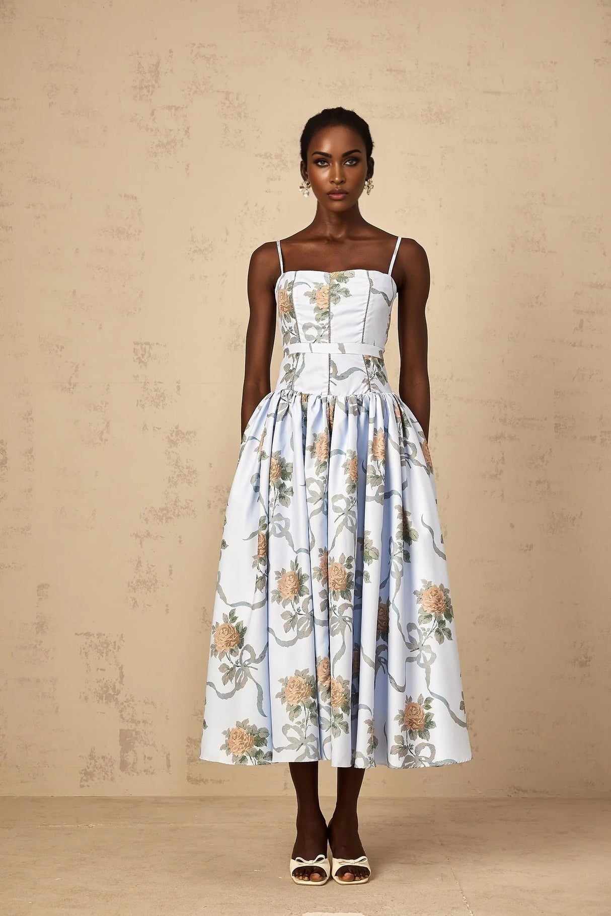 Charleigh Midi Dress Blue Floral Print Square Neck Sleeveless Slit