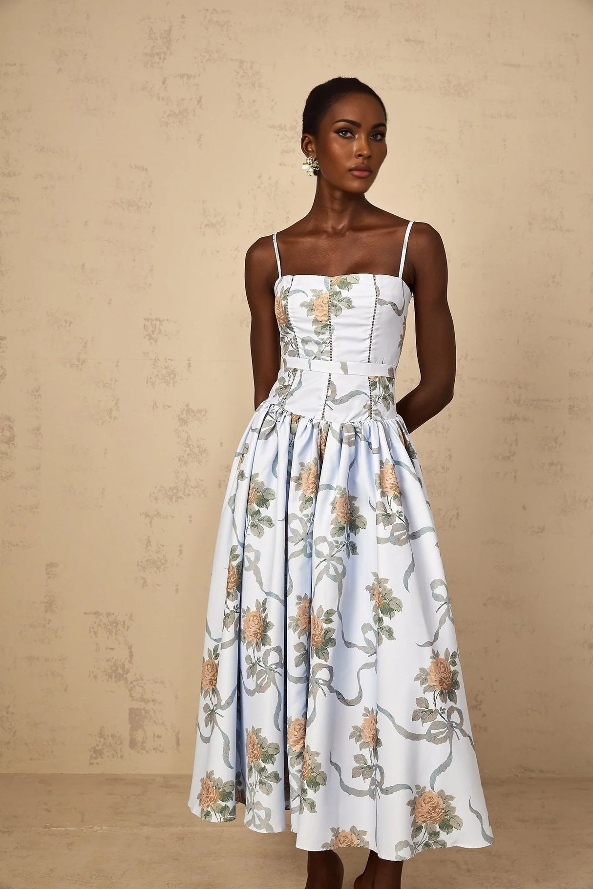 Charleigh Midi Dress Blue Floral Print Square Neck Sleeveless Slit