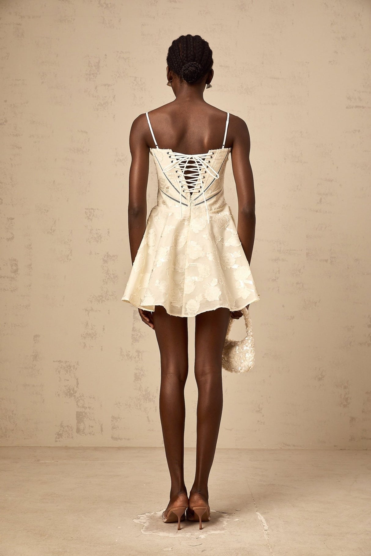 Charleigh Mini Dress - Patterned Jacquard - Sleeveless - Adjustable Spaghetti Straps - Puff Skirt