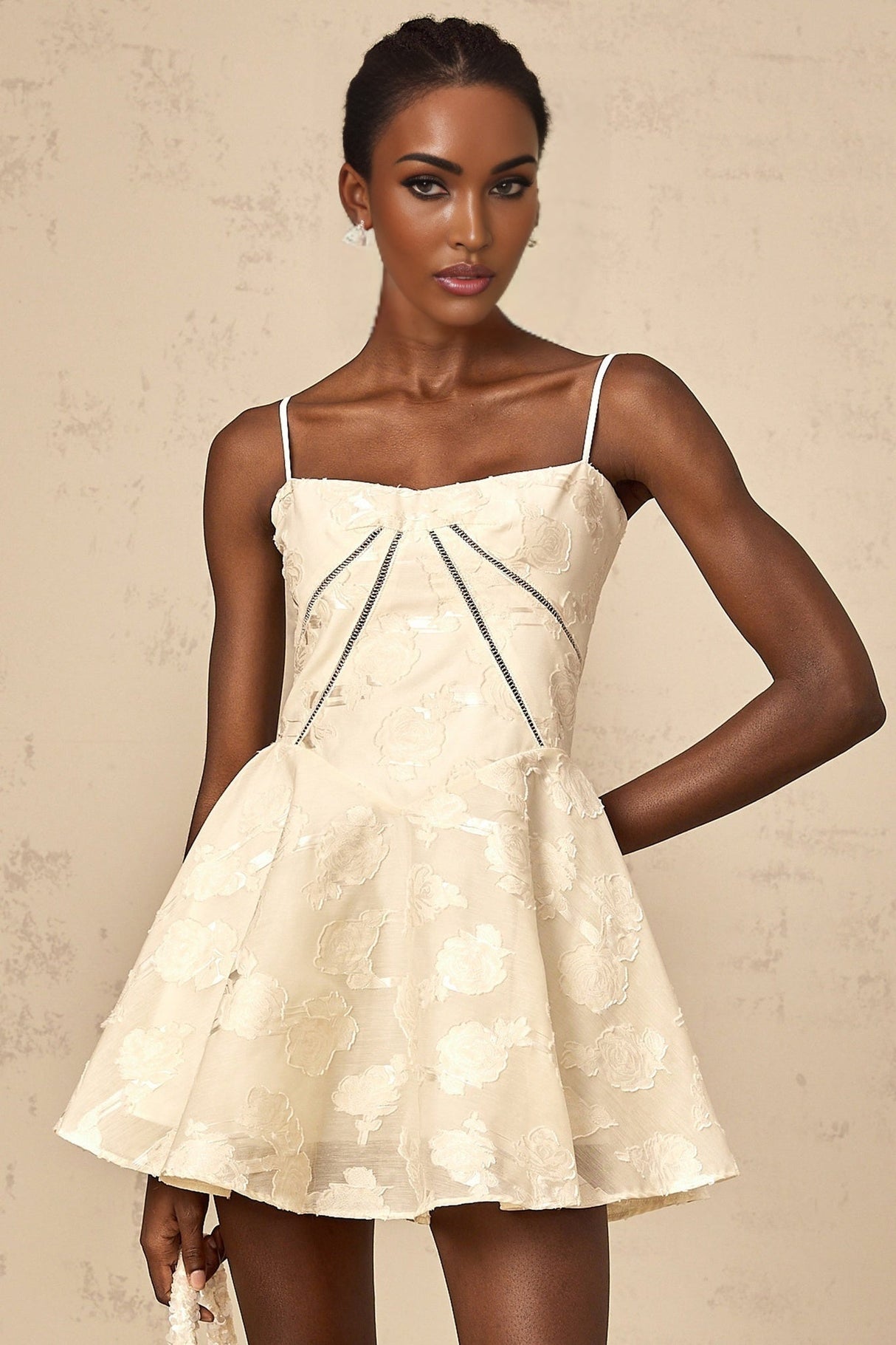 Charleigh Mini Dress - Patterned Jacquard - Sleeveless - Adjustable Spaghetti Straps - Puff Skirt