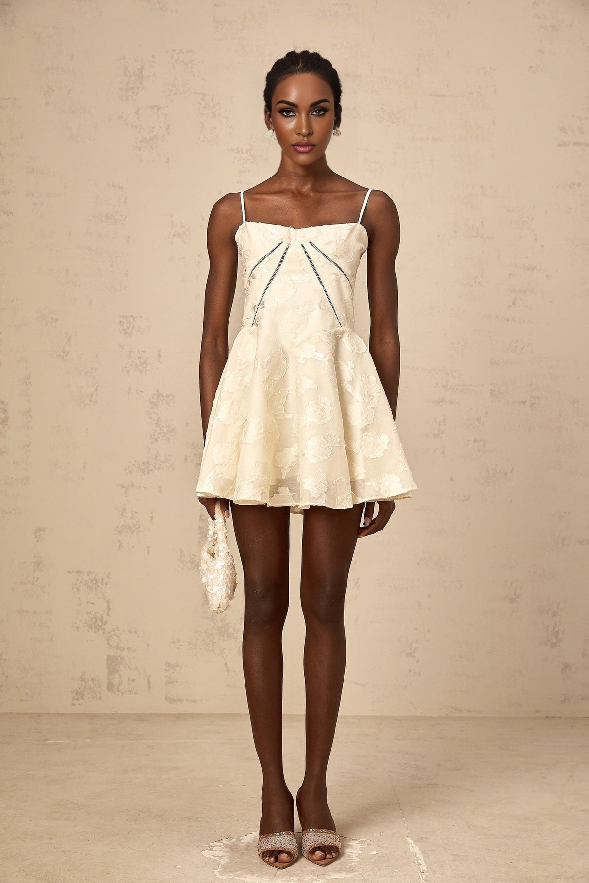 Charleigh Mini Dress - Patterned Jacquard - Sleeveless - Adjustable Spaghetti Straps - Puff Skirt