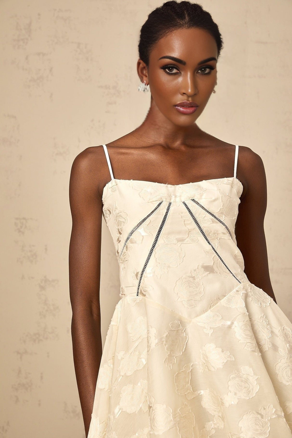 Charleigh Mini Dress - Patterned Jacquard - Sleeveless - Adjustable Spaghetti Straps - Puff Skirt