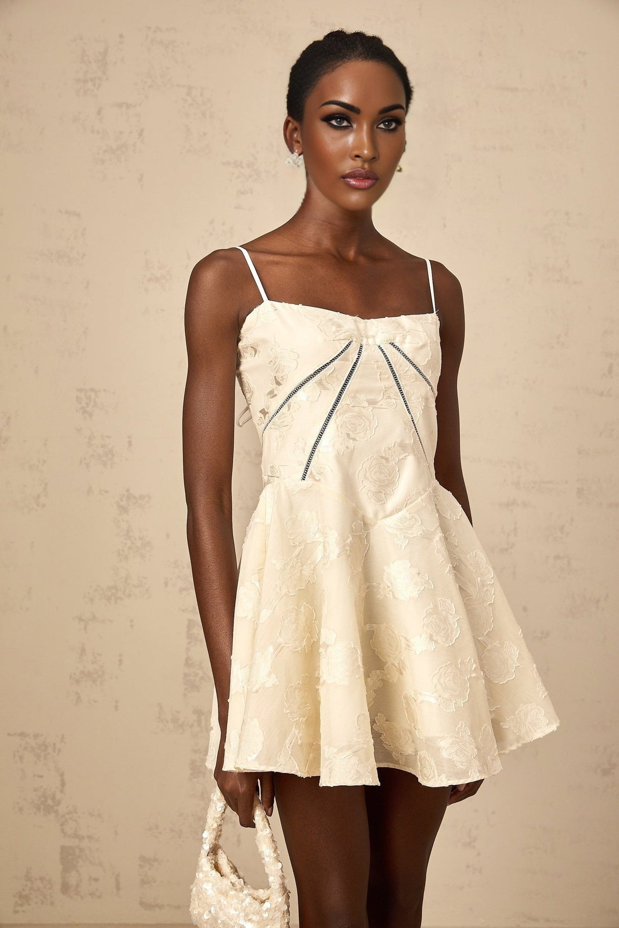 Charleigh Mini Dress - Patterned Jacquard - Sleeveless - Adjustable Spaghetti Straps - Puff Skirt