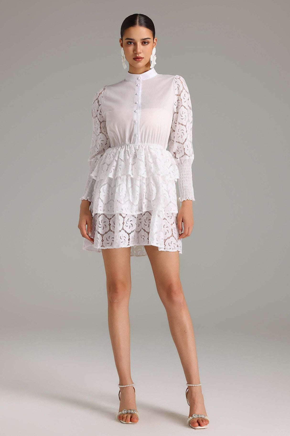 Charleigh White Lace Layered Dress with Button-Up Neckline and Ruffled Hem