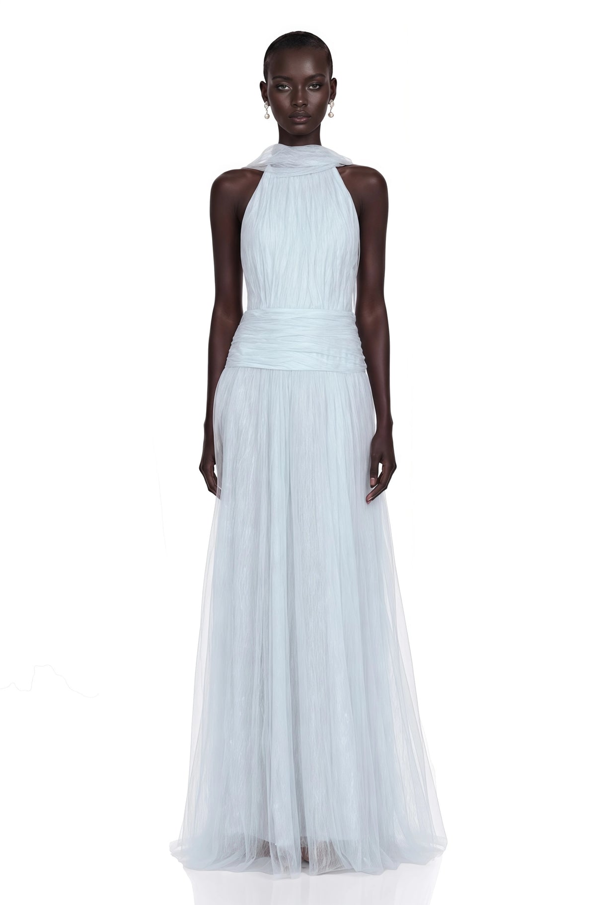 Charlotte Baby Blue Halterneck Lace Maxi Dress with Cape