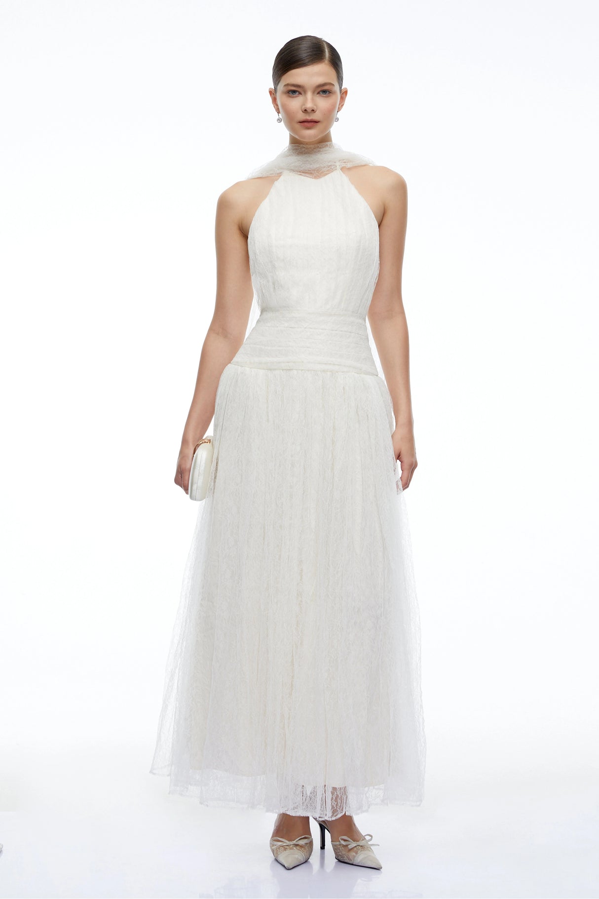 Charlotte Ivory Halterneck Lace Maxi Dress with Cape