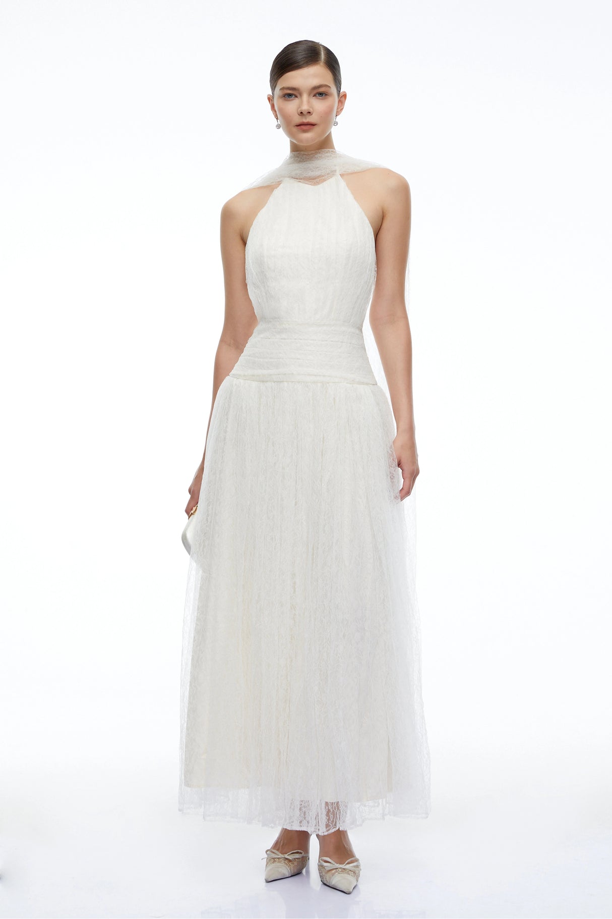 Charlotte Ivory Halterneck Lace Maxi Dress with Cape