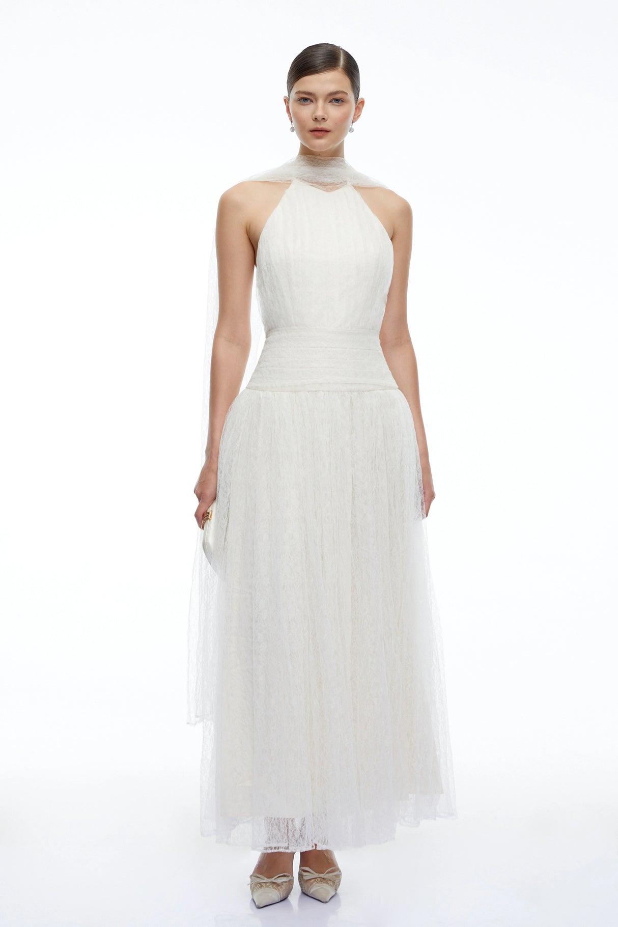 Charlotte Ivory Halterneck Lace Maxi Dress with Cape