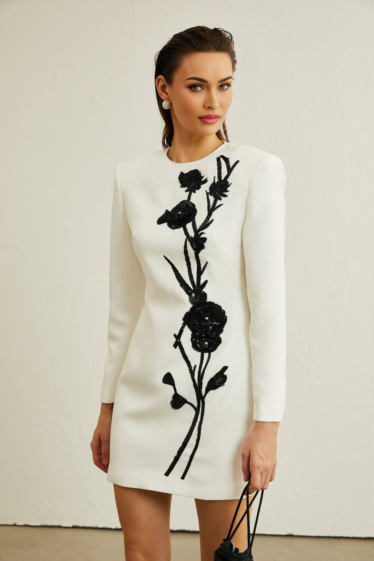 Charlotte Mini Dress - Long Sleeve - Faux - Flower & Sequin Detailing - Crystal Embellishment