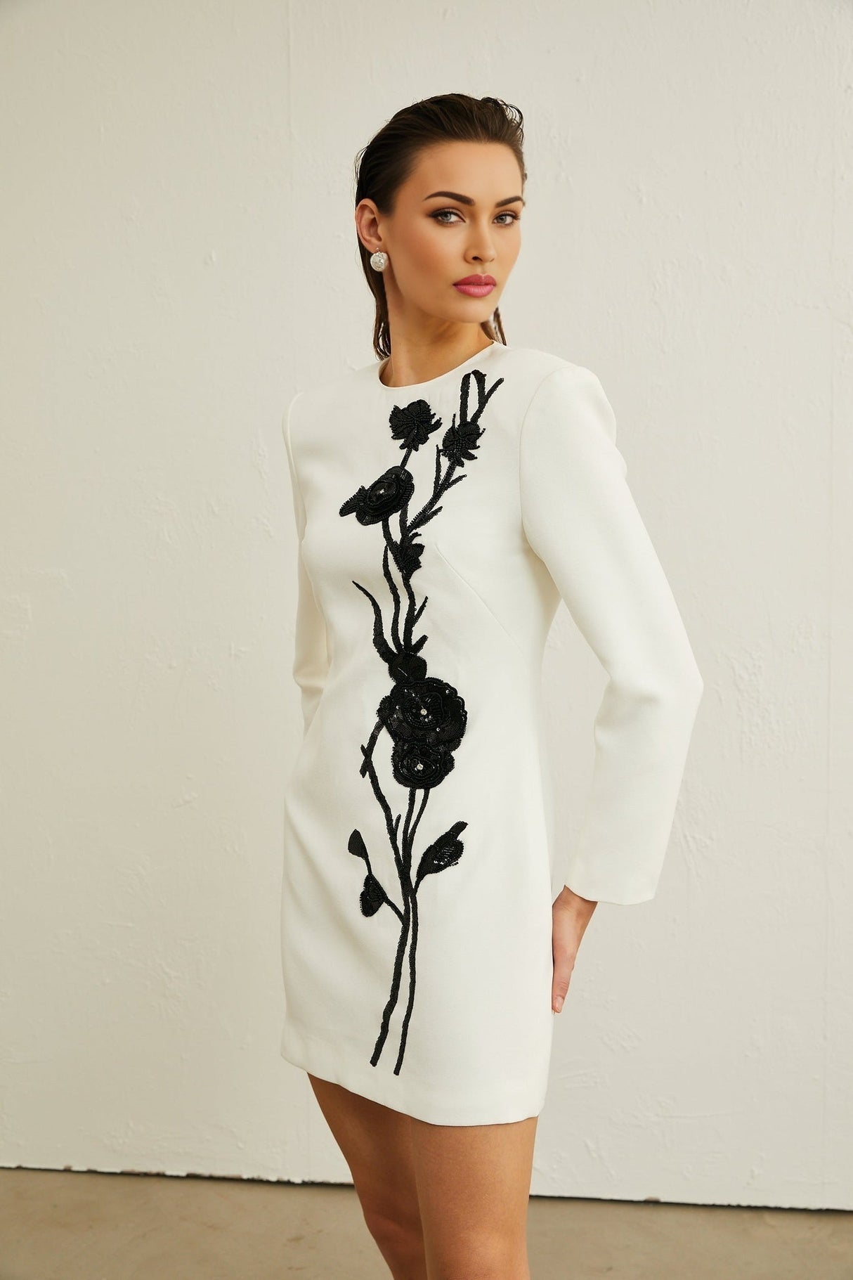 Charlotte Mini Dress - Long Sleeve - Faux - Flower & Sequin Detailing - Crystal Embellishment