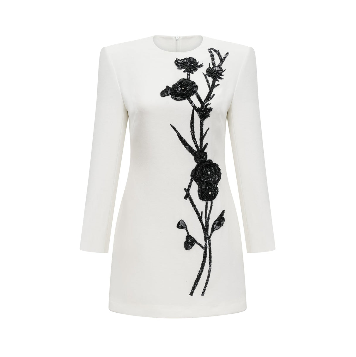 Charlotte Mini Dress - Long Sleeve - Faux - Flower & Sequin Detailing - Crystal Embellishment