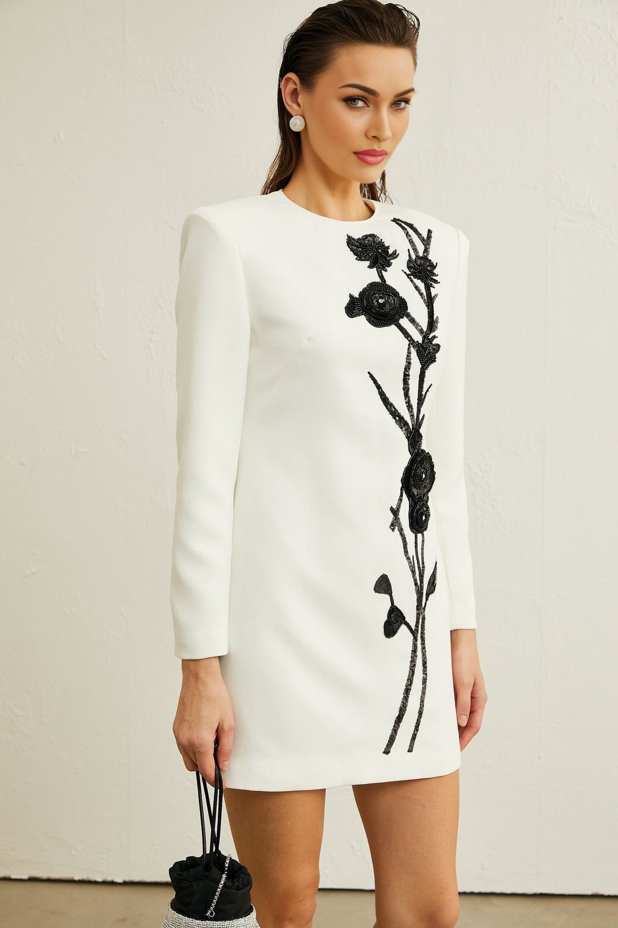 Charlotte Mini Dress - Long Sleeve - Faux - Flower & Sequin Detailing - Crystal Embellishment