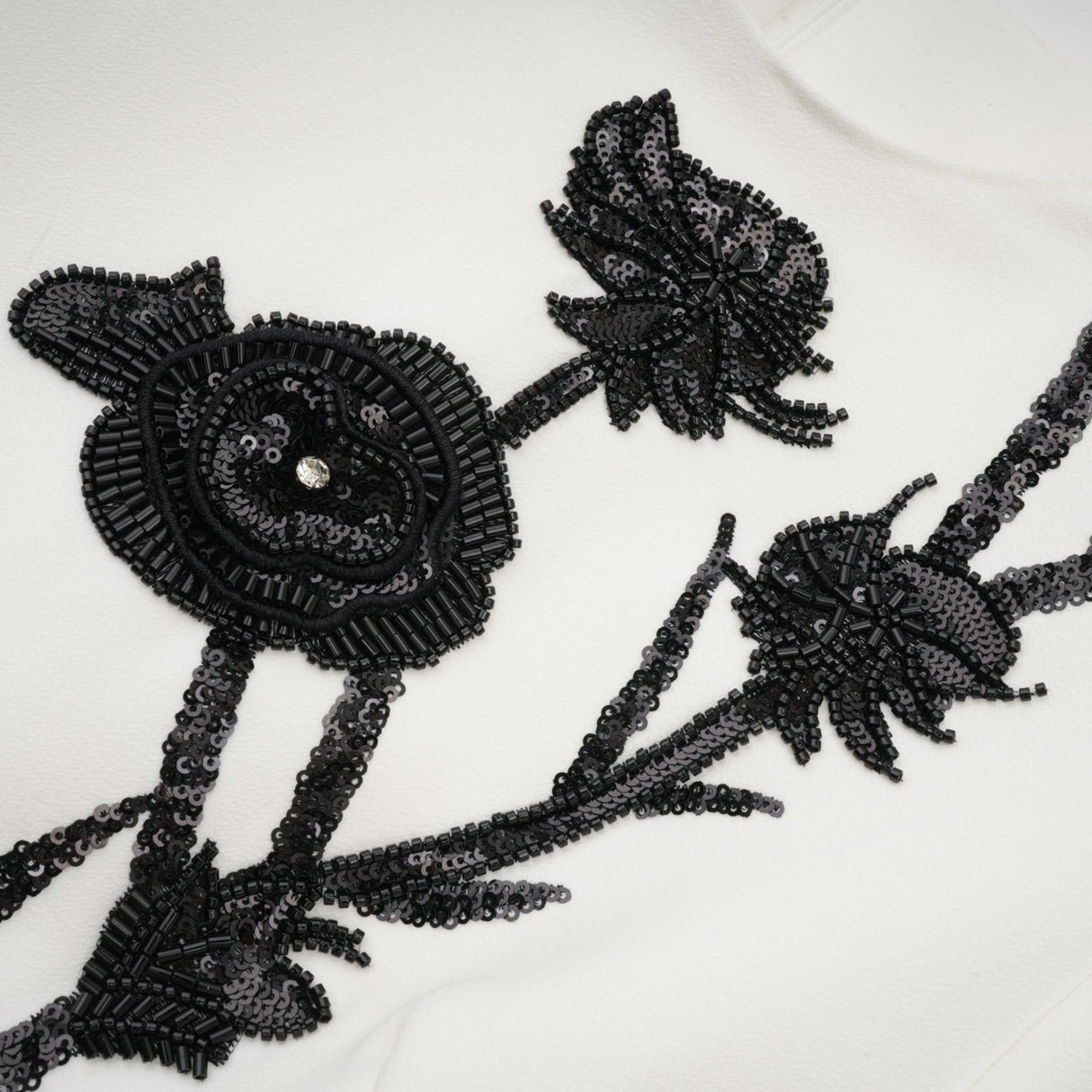 Charlotte Mini Dress - Long Sleeve - Faux - Flower & Sequin Detailing - Crystal Embellishment