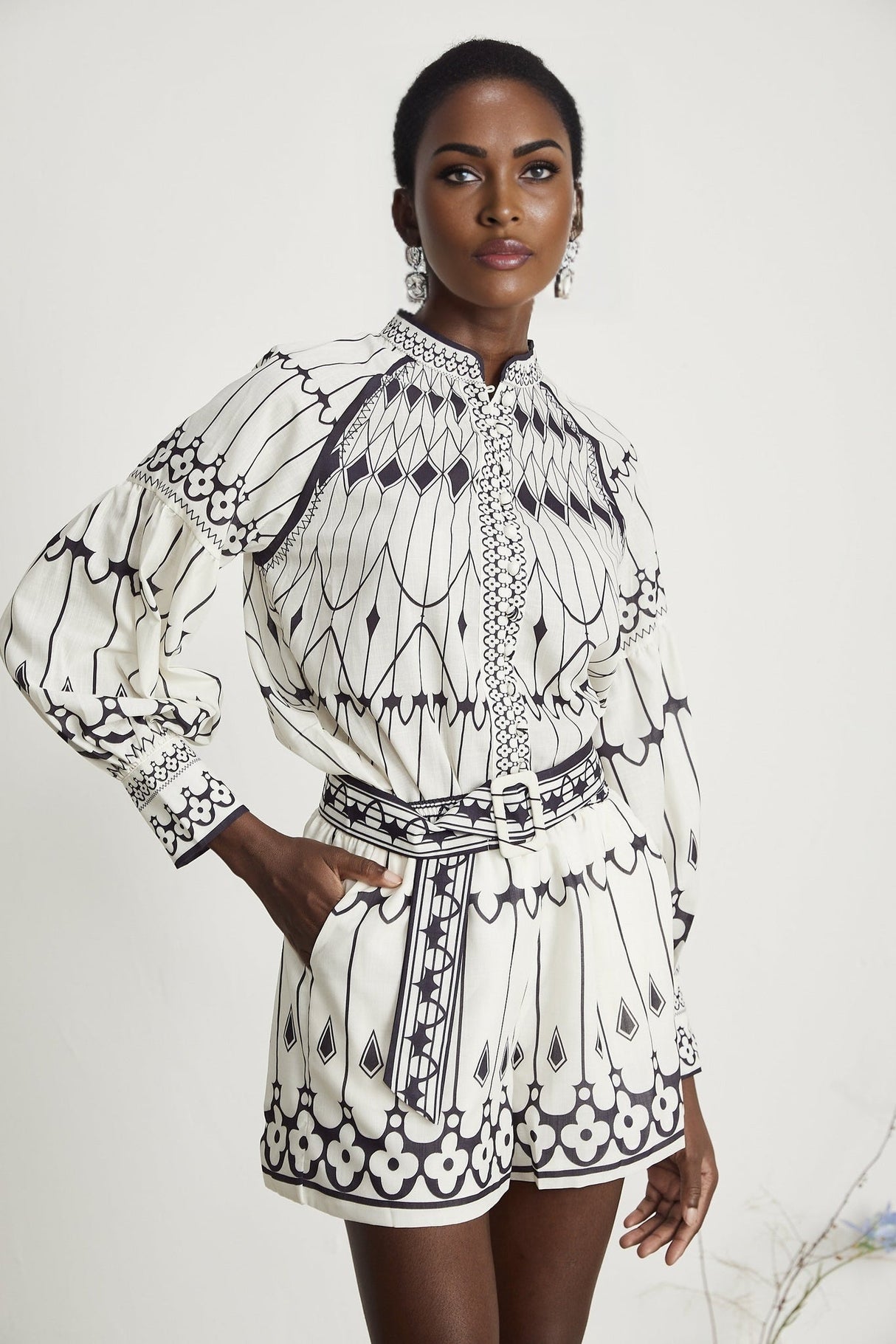 Charlotte Shirt & Shorts - Long Sleeve All - Over Graphic - Front Button Fastening - Elasticated Waist Thigh Length