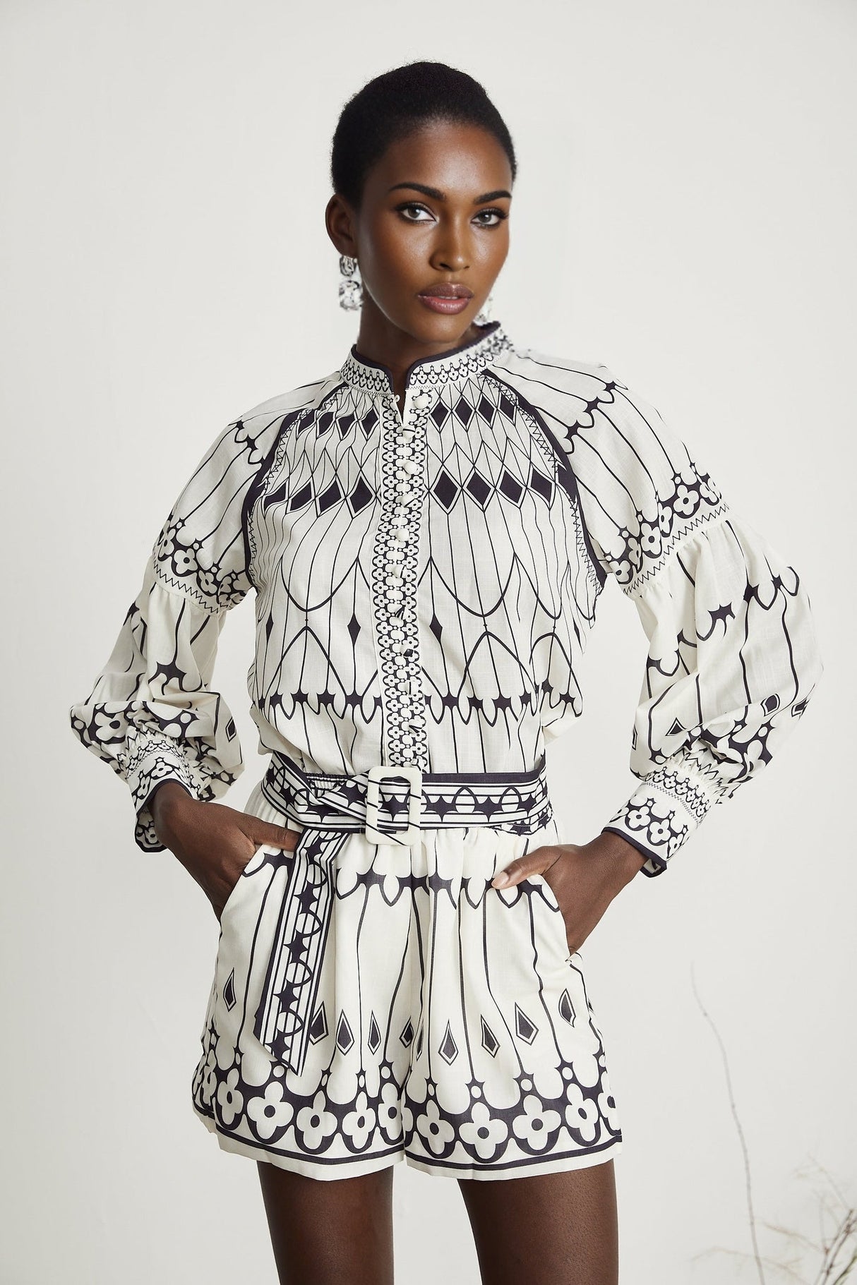 Charlotte Shirt & Shorts - Long Sleeve All - Over Graphic - Front Button Fastening - Elasticated Waist Thigh Length