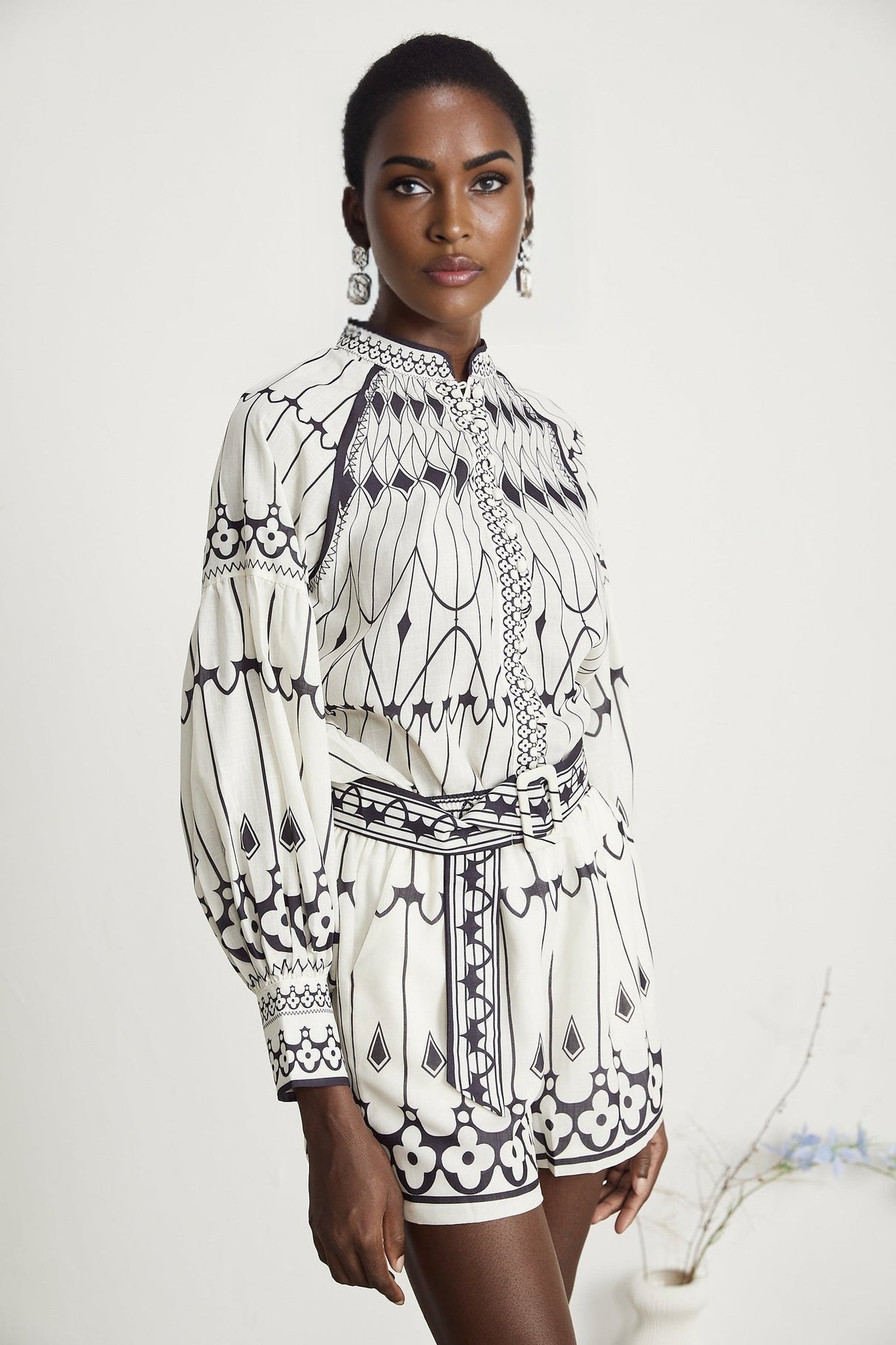 Charlotte Shirt & Shorts - Long Sleeve All - Over Graphic - Front Button Fastening - Elasticated Waist Thigh Length