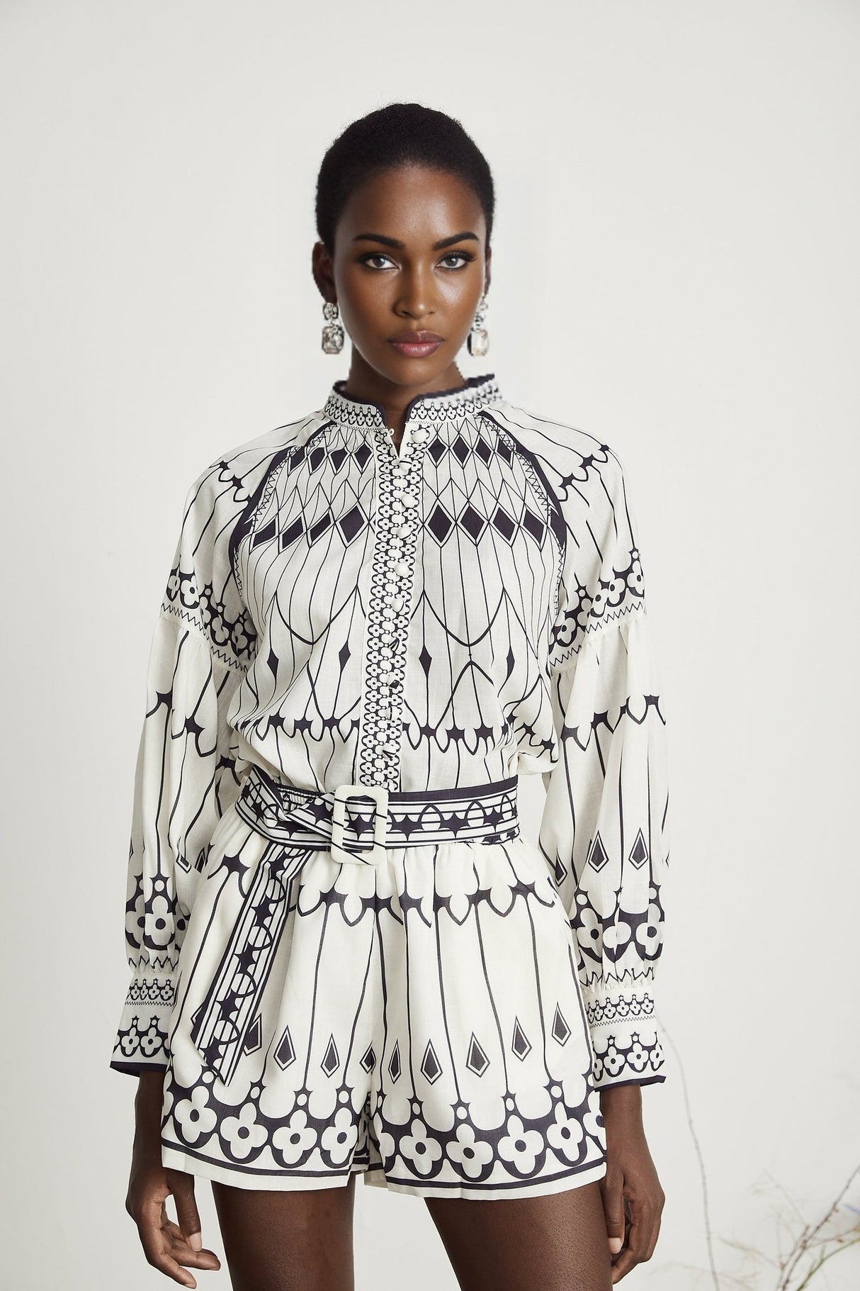 Charlotte Shirt & Shorts - Long Sleeve All - Over Graphic - Front Button Fastening - Elasticated Waist Thigh Length