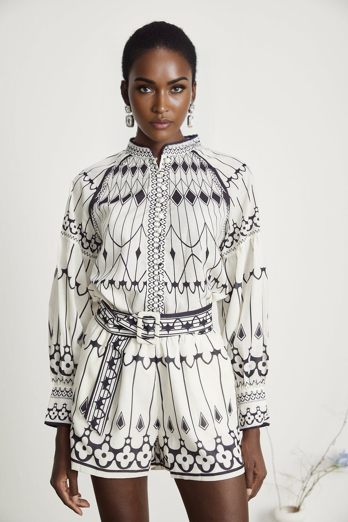 Charlotte Shirt & Shorts - Long Sleeve All - Over Graphic - Front Button Fastening - Elasticated Waist Thigh Length