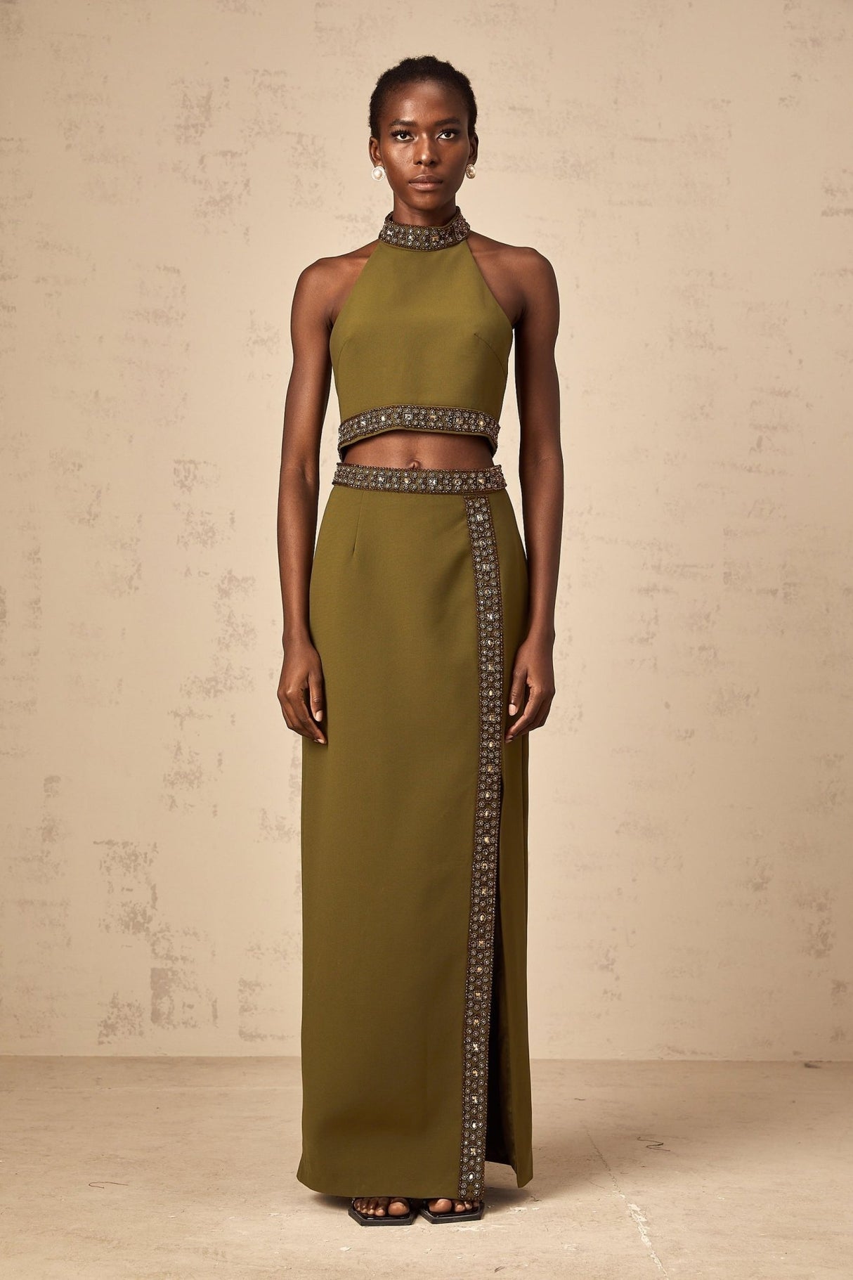 Charlotte Skirt & Top Set - Halterneck Design - Bead Embellishments - Open Back - High Slit