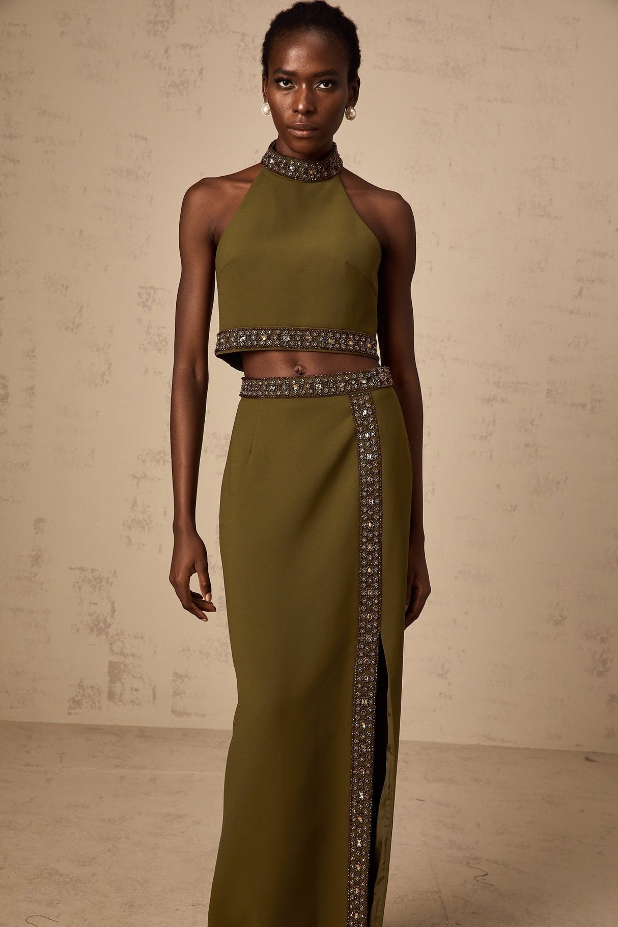 Charlotte Skirt & Top Set - Halterneck Design - Bead Embellishments - Open Back - High Slit