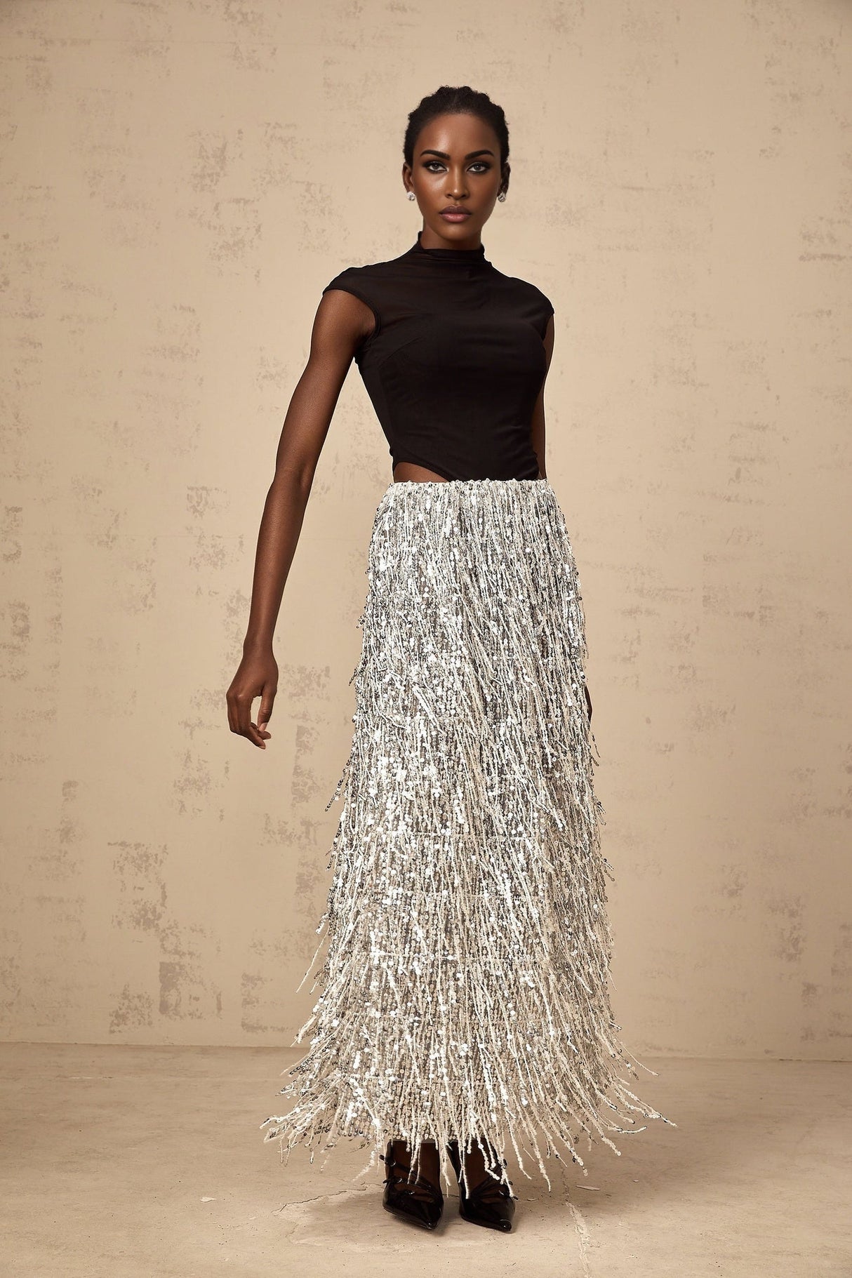 Charlotte Skirt & Top Set - Mock Neck Top with Boned Bodice - Semi - Sheer Corset Style - Sequin Embellished Fringed Skirt